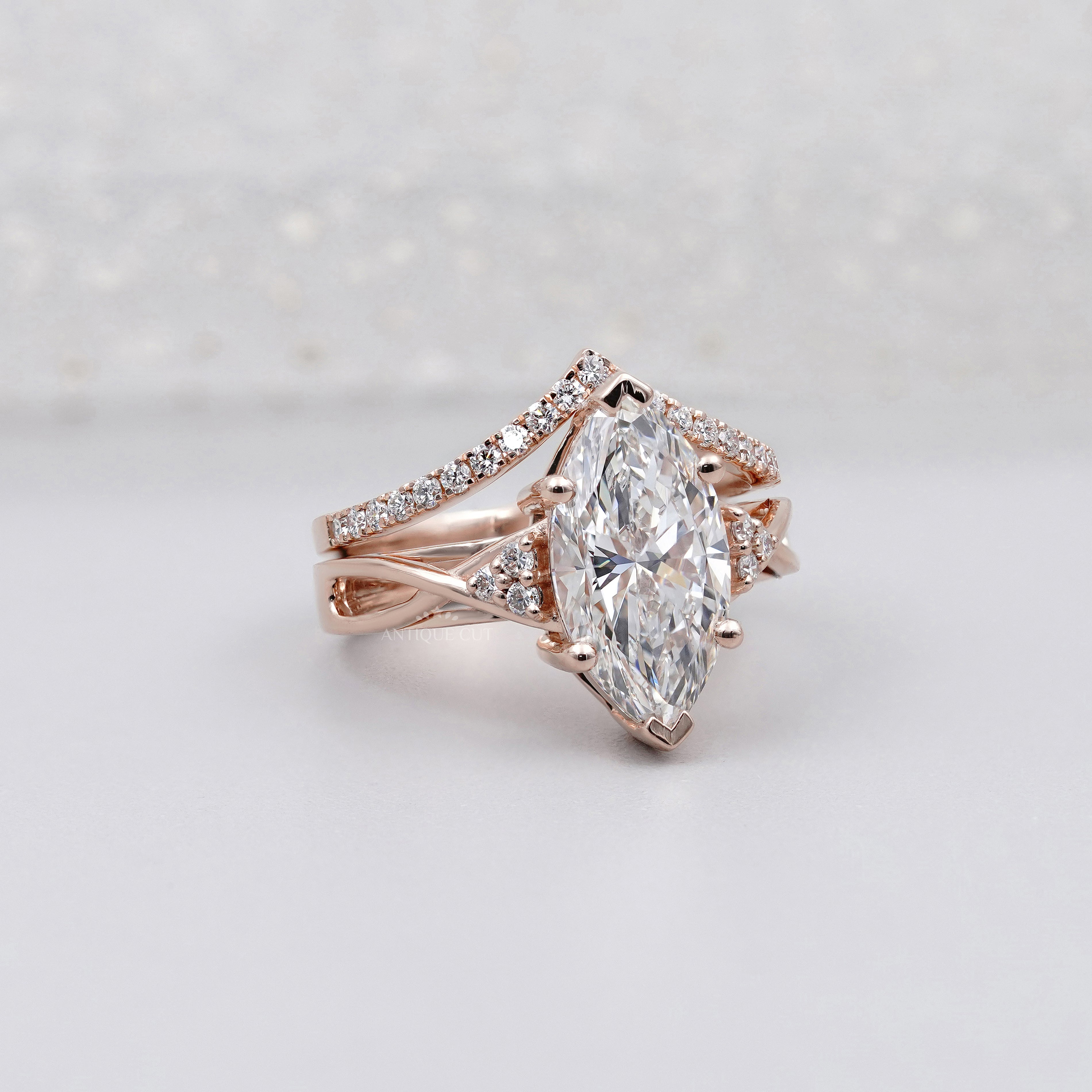 Marquise Cut 3.30tcw Lab Grown Diamond With Band | Rose Gold Split Shank Design | IGI Certified