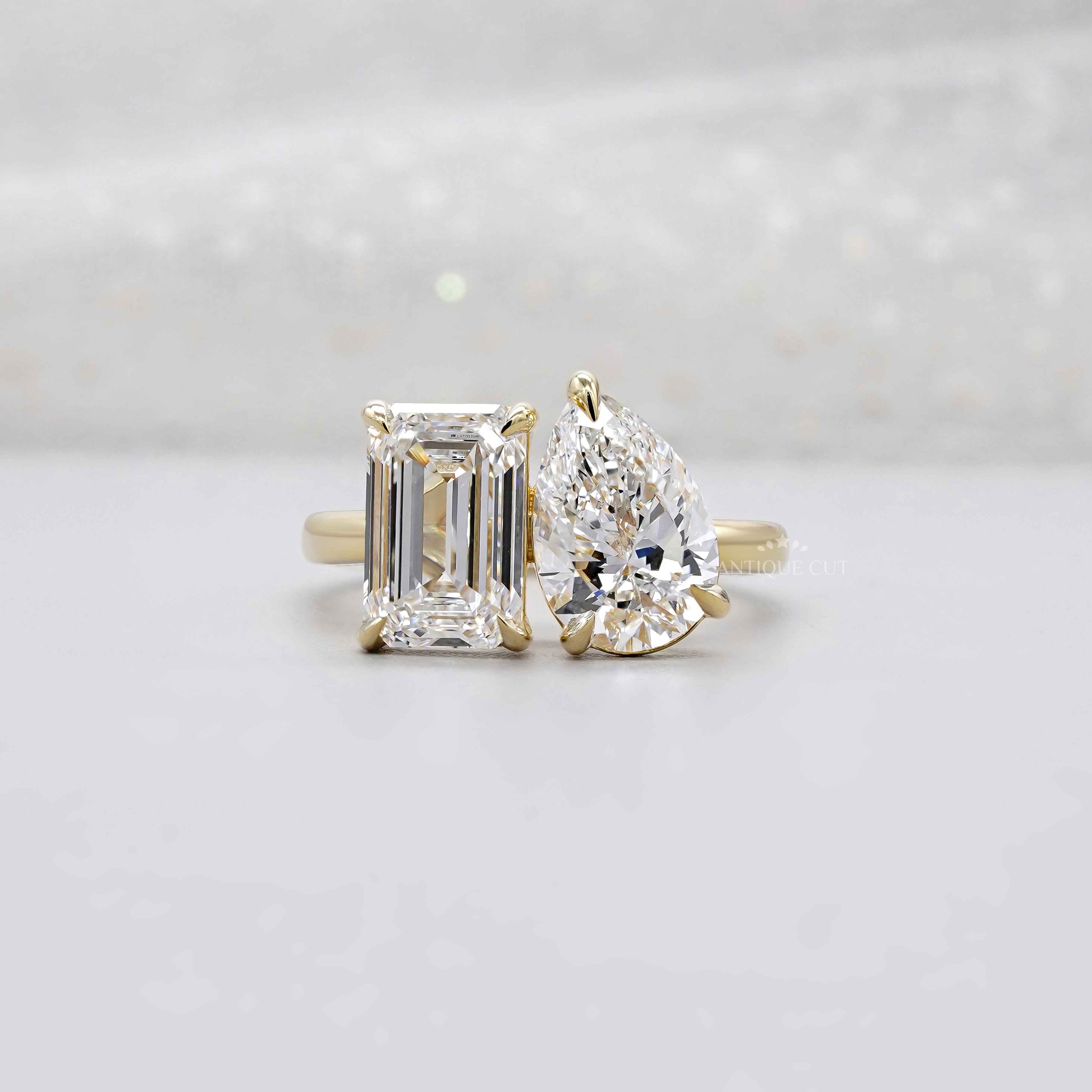 Emerald & Pear 4.00tcw Lab Grown Diamond Toi et Moi Engagement Ring | Yellow Gold | IGI Certified