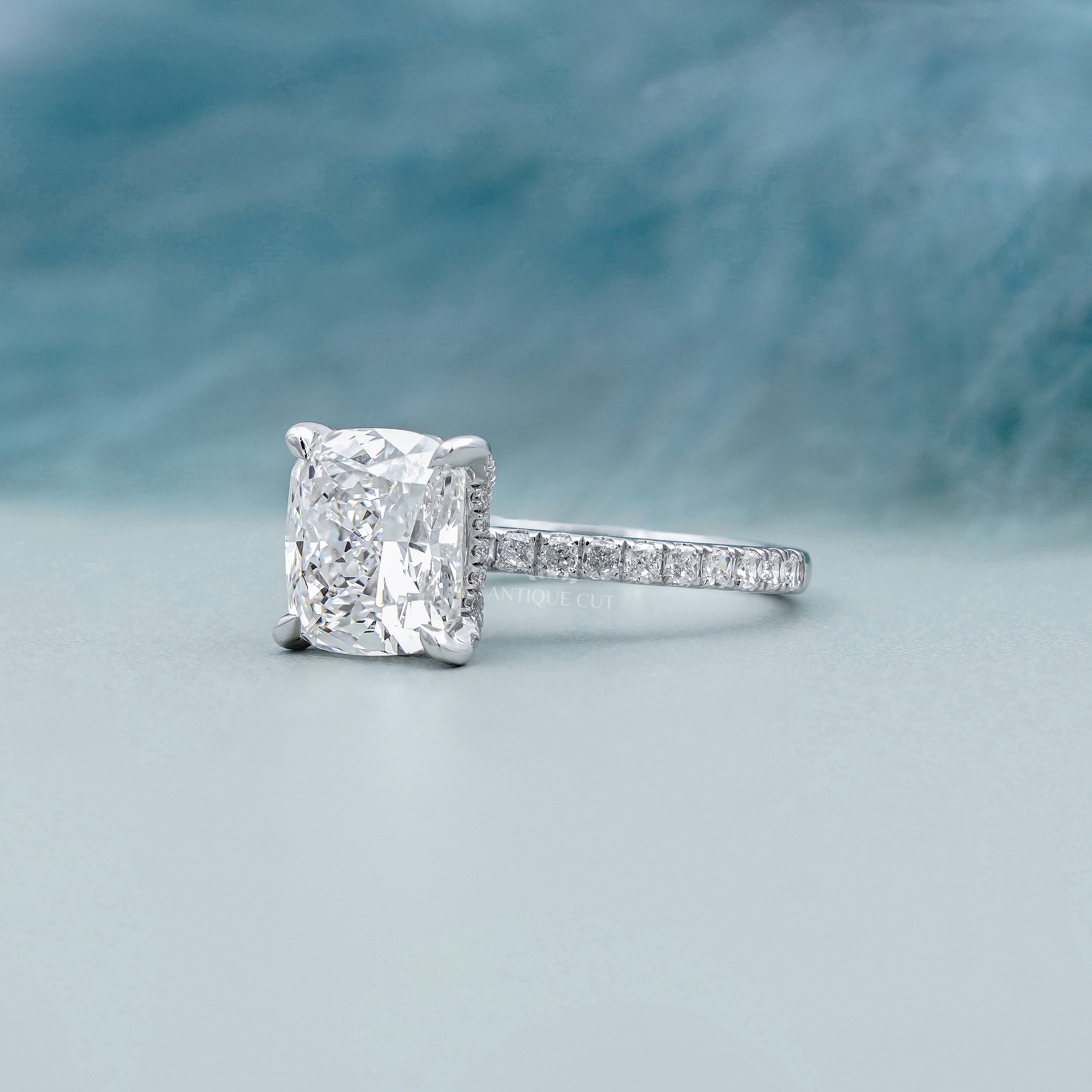 Cushion Cut 4.50tcw Lab Grown Diamond Engagement Ring | Hidden Halo Pavé Band | IGI Certified