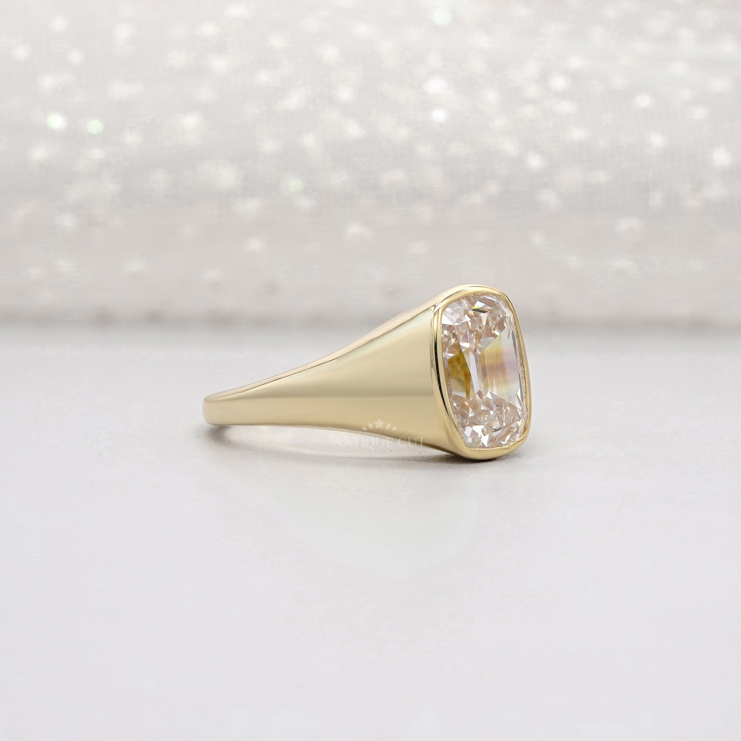 3ct Cushion Lab-Grown Diamond Bezel Ring | Solid Yellow Gold | IGI Certified D-E-F | VVS–VS