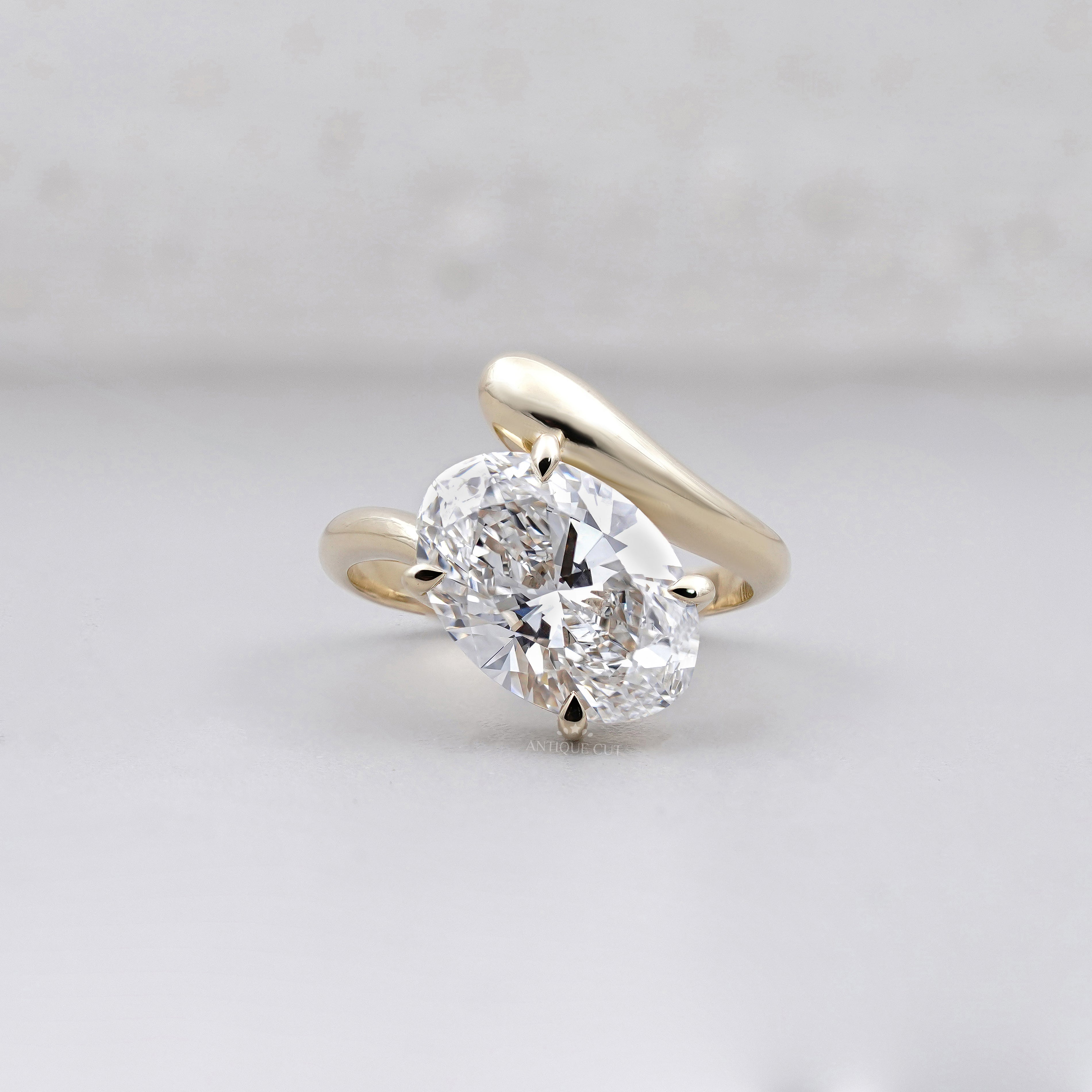 3.50ct Oval Cut Diamond Engagement Ring | Modern Bypass Setting in 14K Yellow Gold | Unique Solitaire Ring | Antique Cut Fine Jewelry