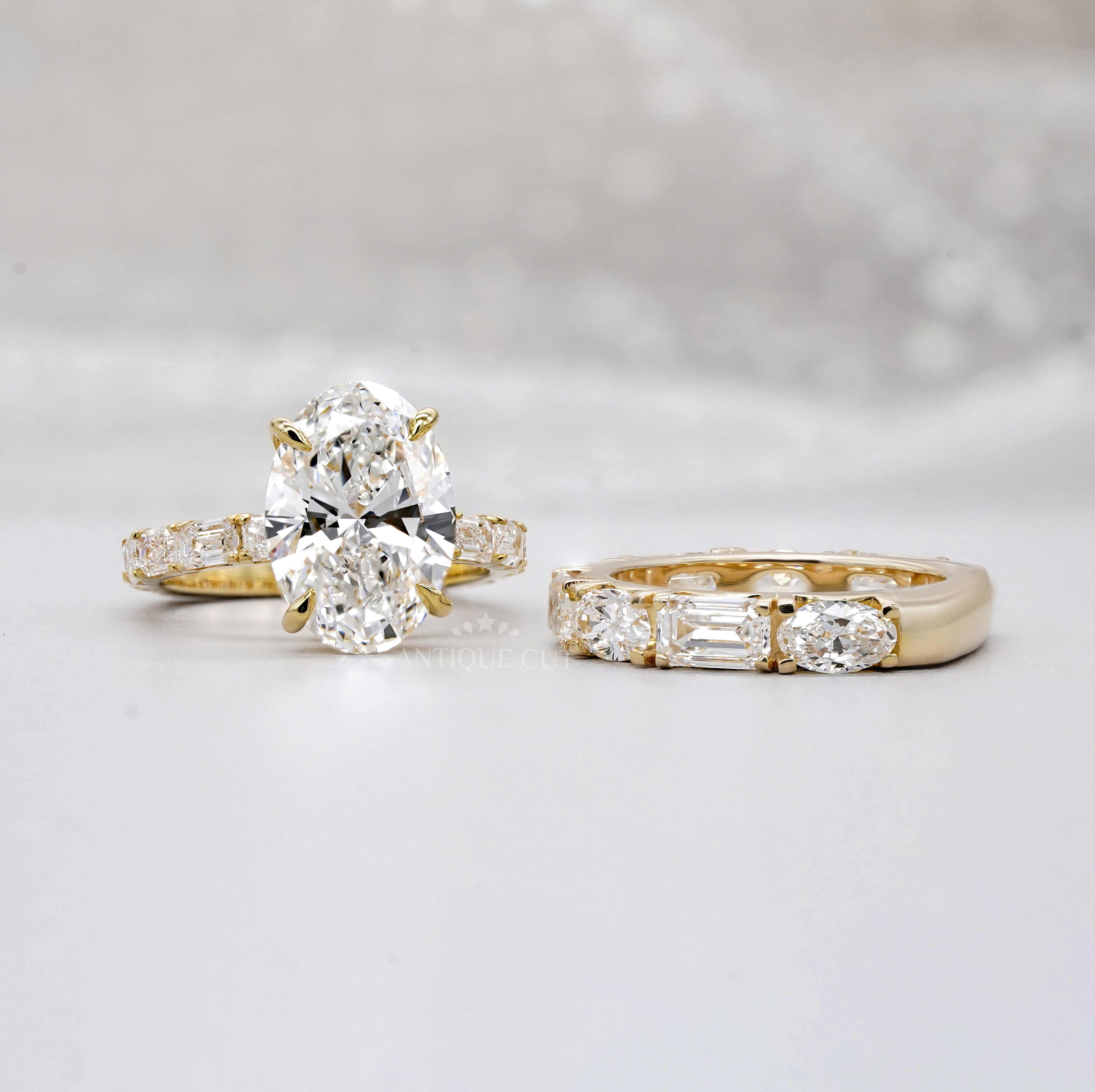 Oval 6.30tcw Lab Diamond Wedding Set | IGI Certified | Yellow Gold | Elegant 3-Stone + Matching Band