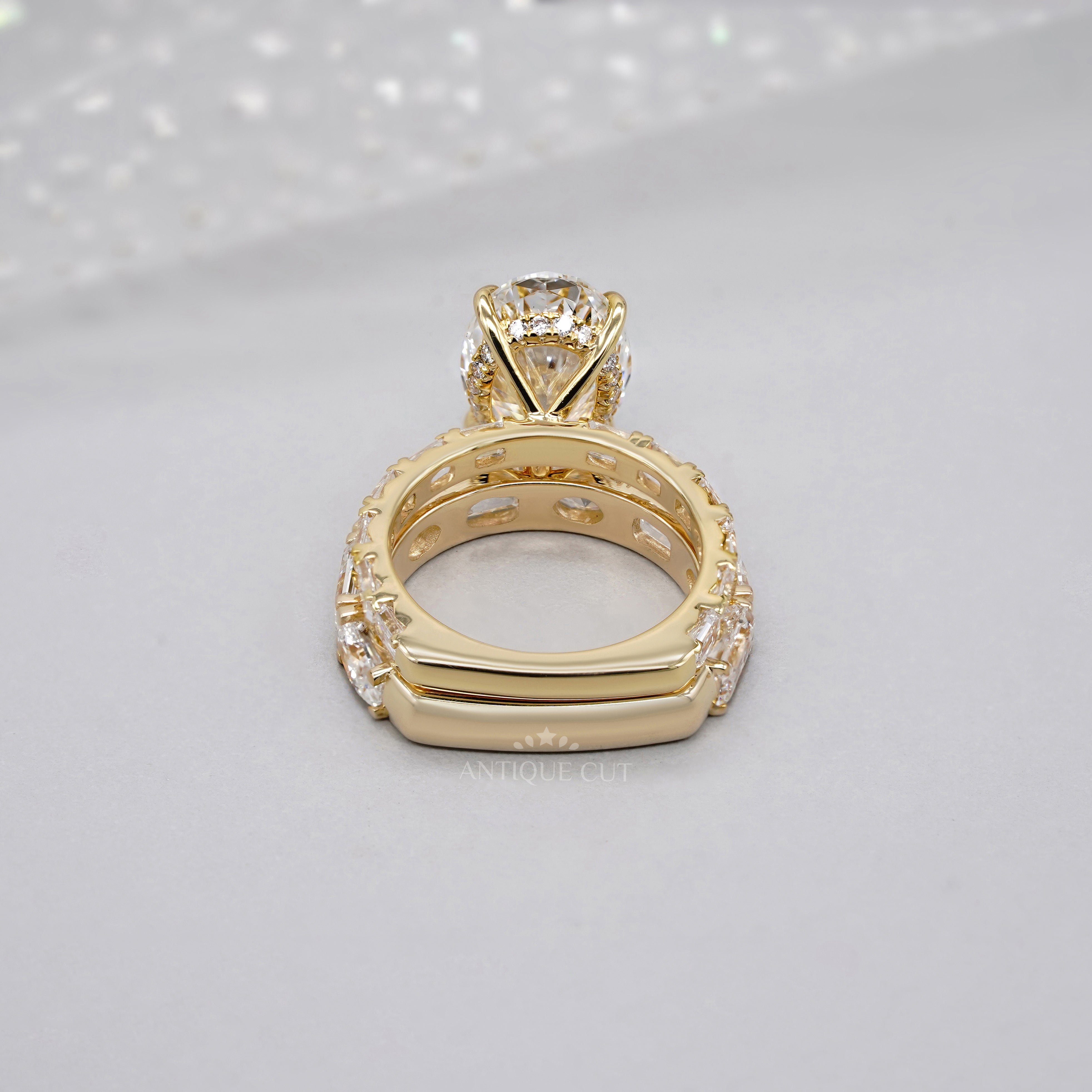Oval 6.30tcw Lab Diamond Wedding Set | IGI Certified | Yellow Gold | Elegant 3-Stone + Matching Band