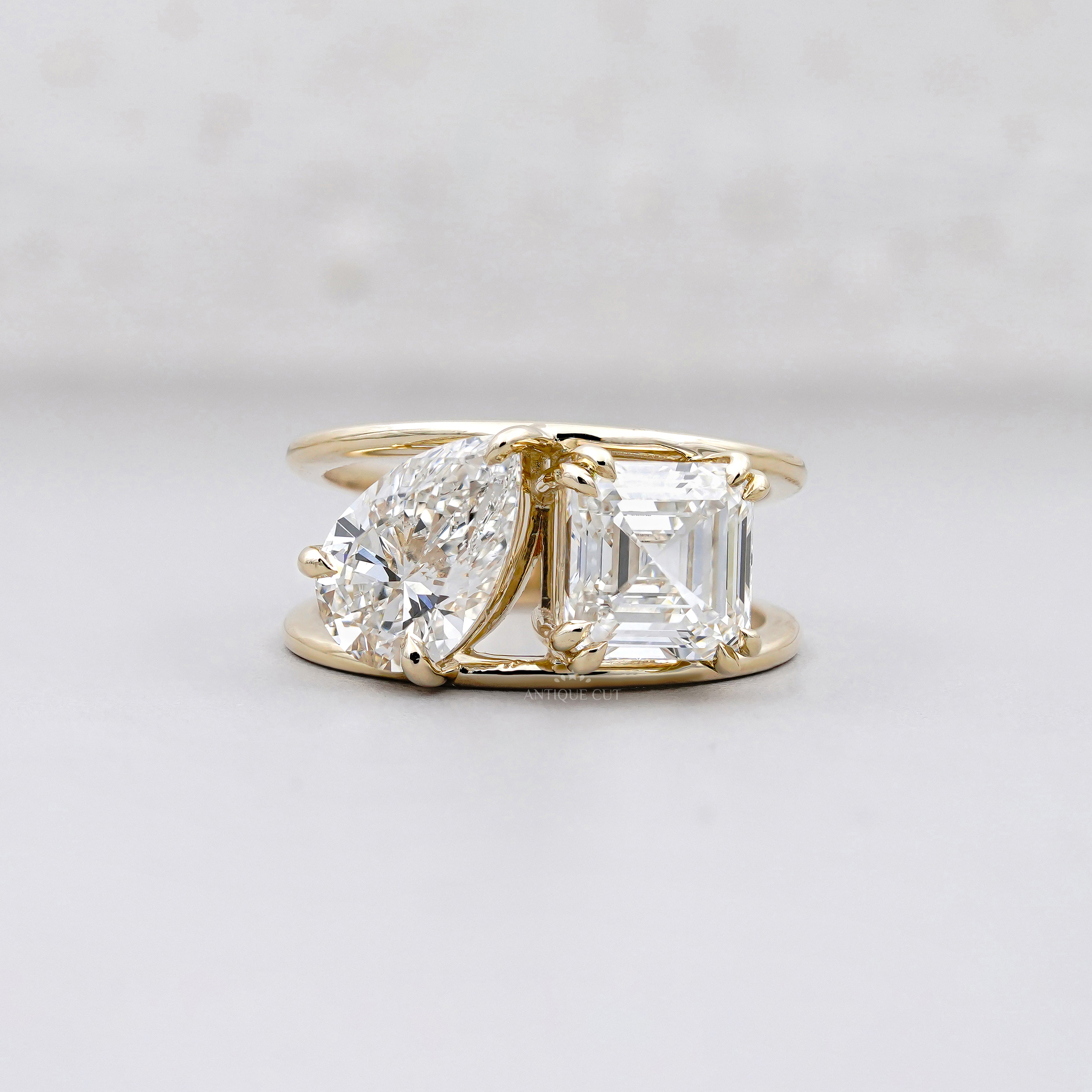 Two Stone Diamond Ring | 1.50ct Pear + 1.00ct Square Emerald Cut | Toi et Moi Engagement Ring | 14K Yellow Gold | Modern Statement Ring