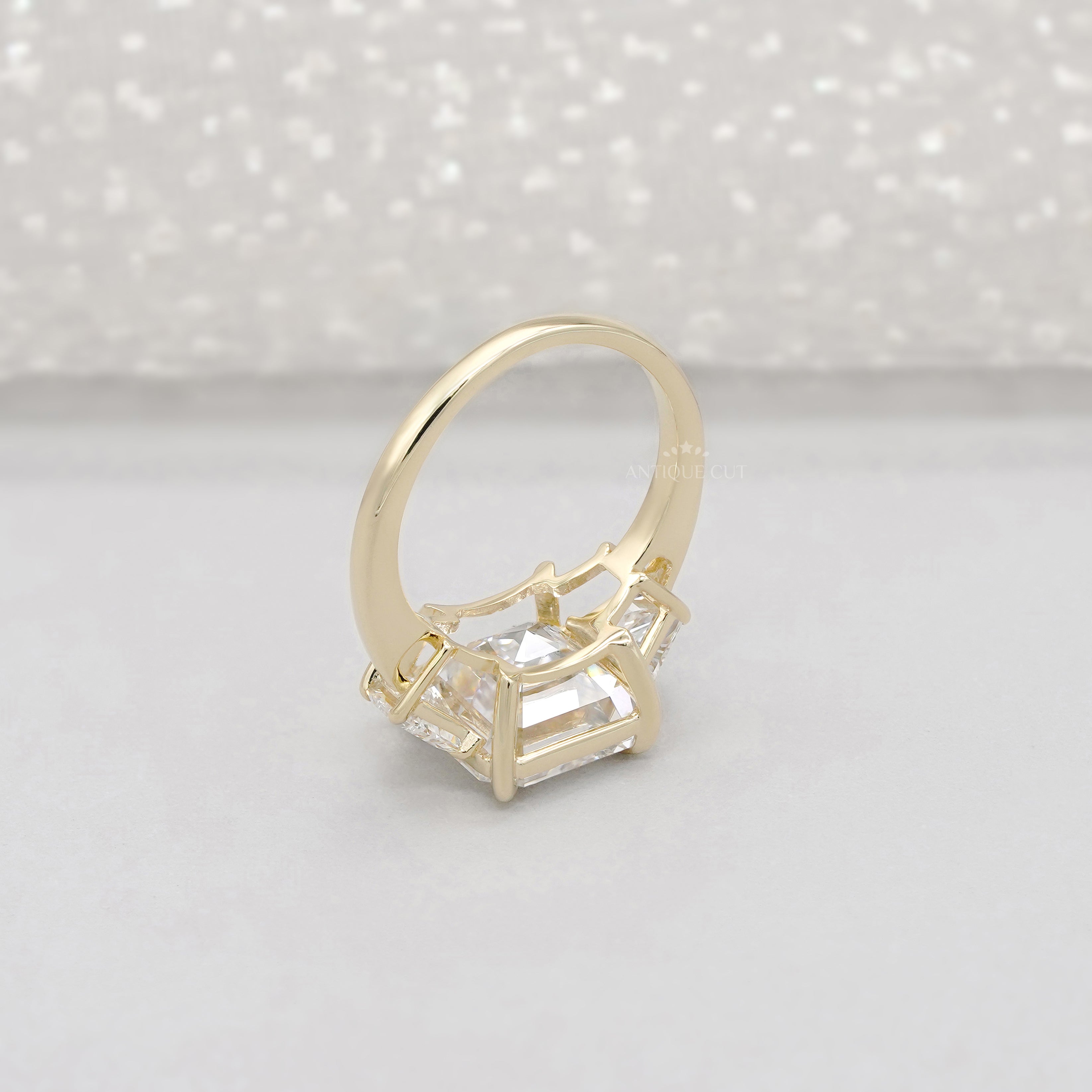 6.60tcw Asscher Lab Grown Diamond Engagement Ring | 6ct Center & Trapezoid Side Stones | 14k Gold