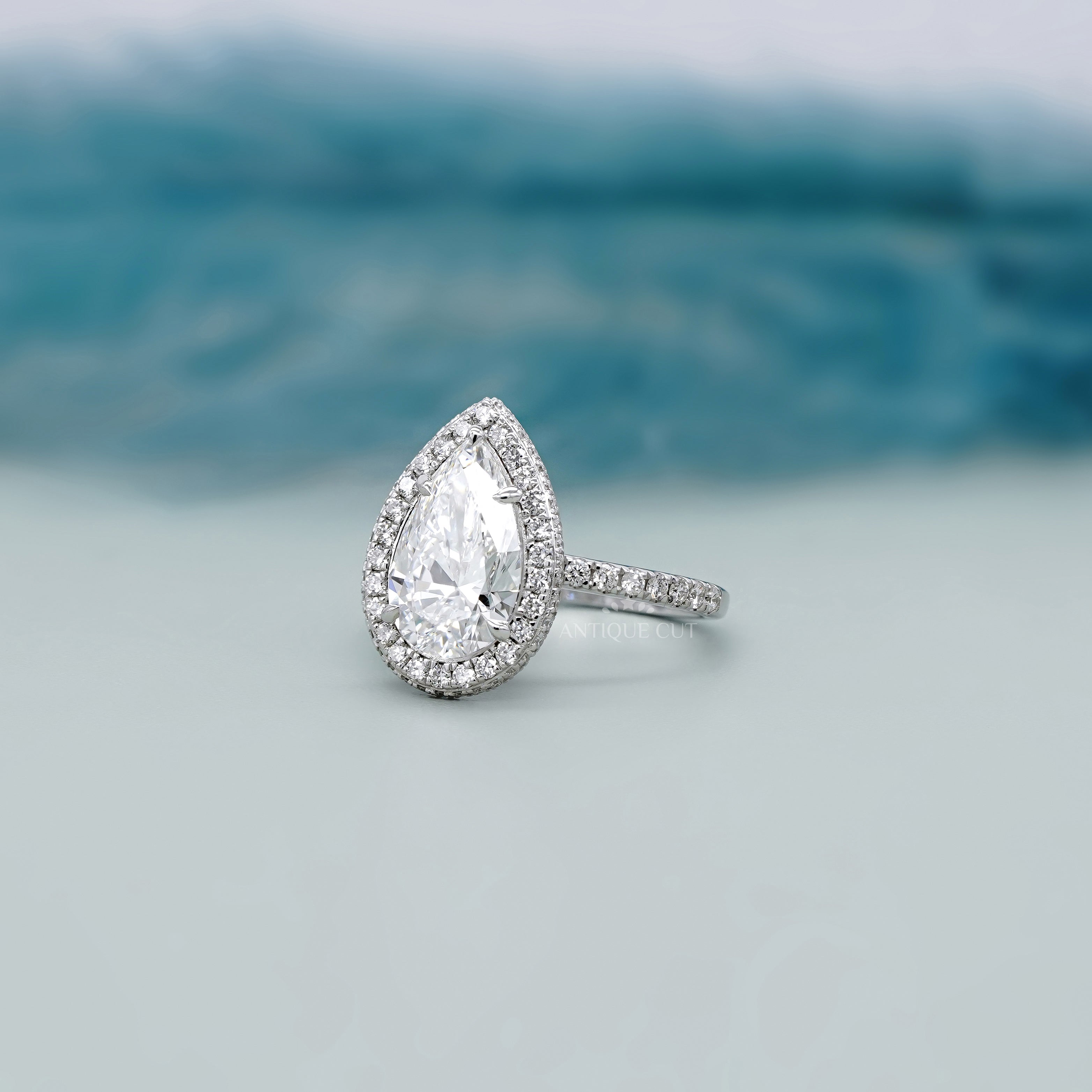 Pear 3.20ct Halo Lab Diamond Ring | Pave Band | IGI Certified