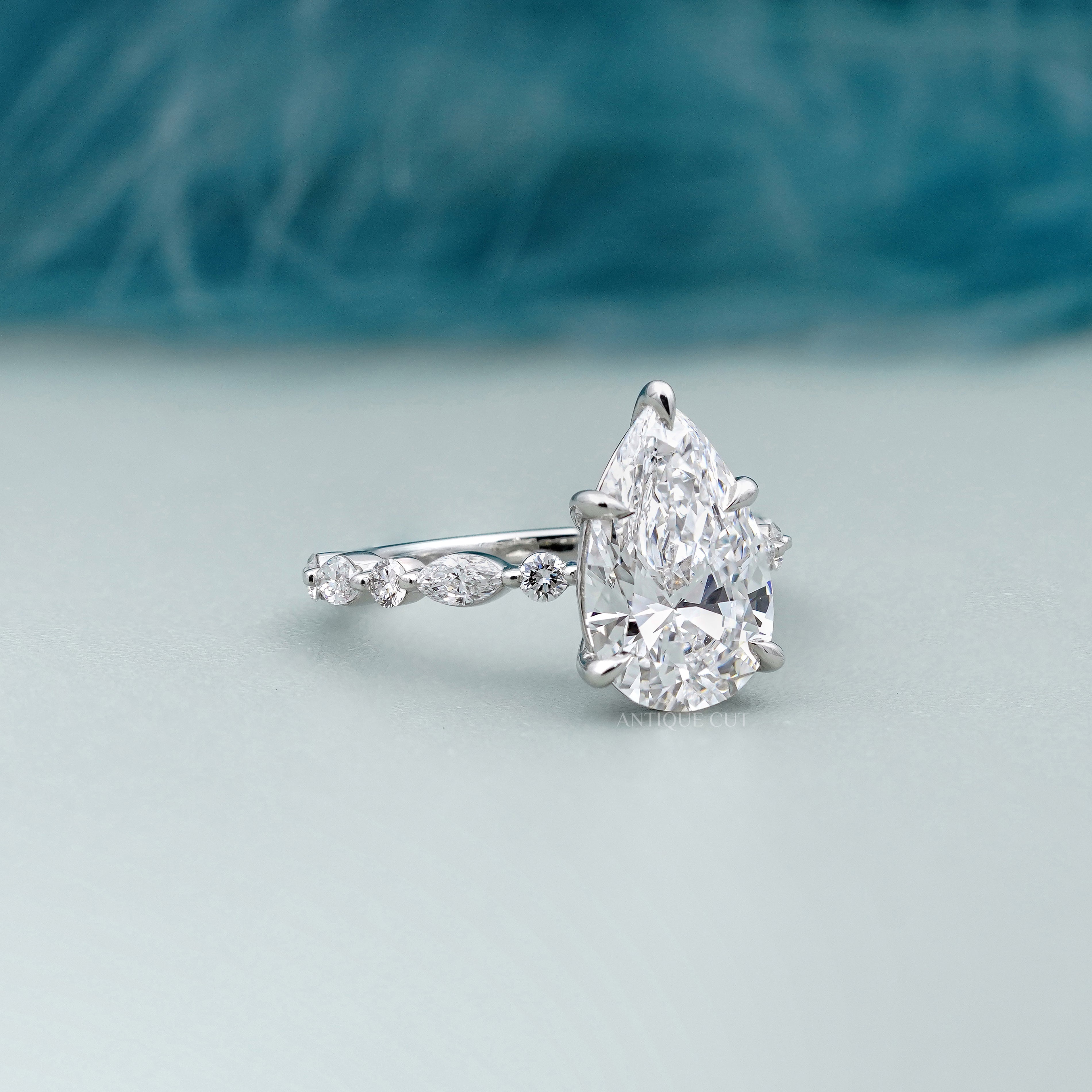 2.80ct Pear Cut Diamond Engagement Ring | 0.60ct Side Stones | 14K White Gold | Marquise Band | Antique Cut Fine Jewelry
