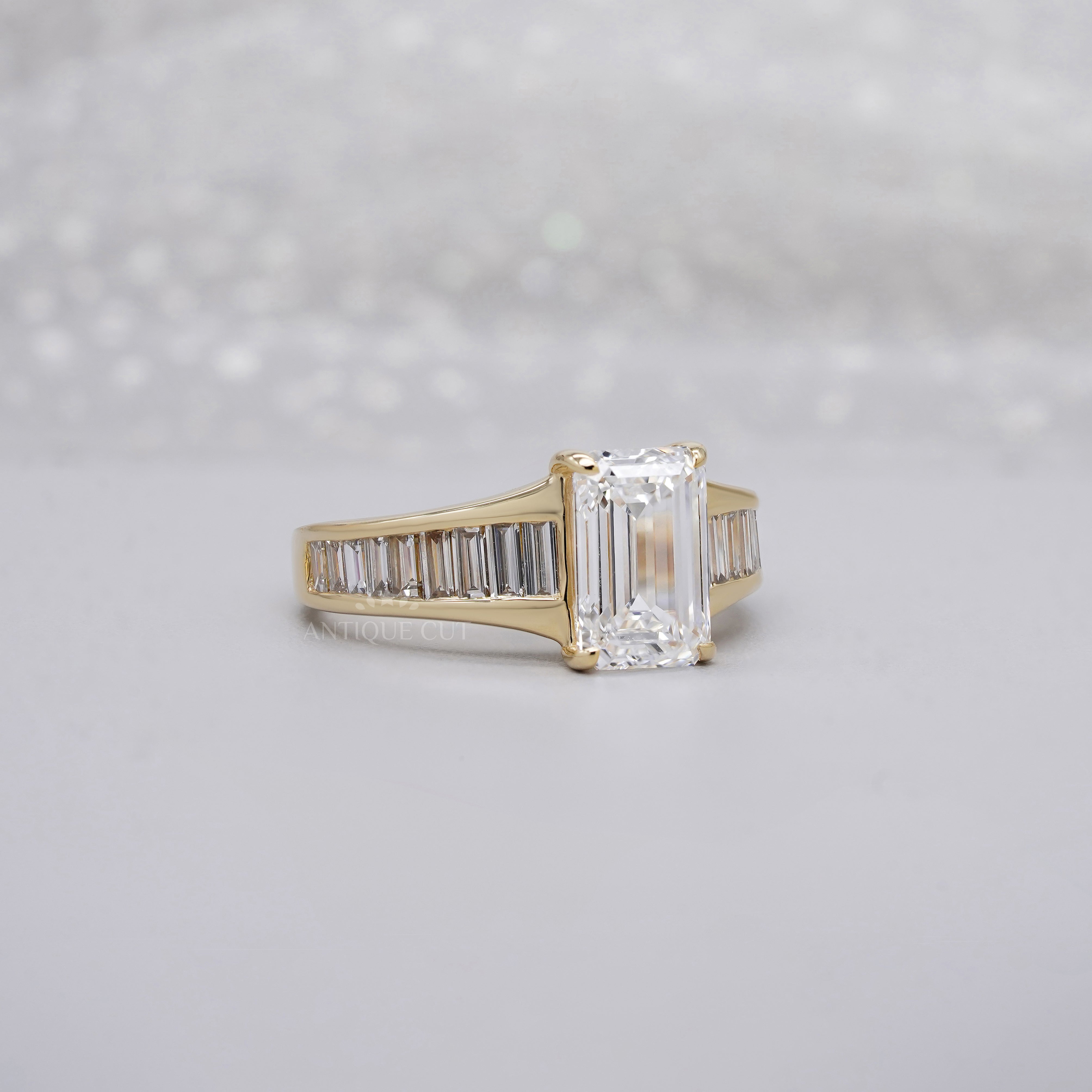 Emerald 3.20tcw Lab Diamond Engagement Ring | 2.5ct Center | Baguette Band | IGI Certified