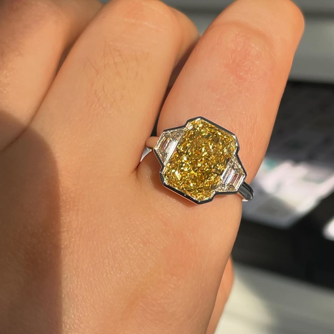Fancy Yellow Radiant Cut 8.00tcw Lab Grown Diamond Ring | 2.00ct Baguette Side Stones | IGI Certified | Three Stone Ring | White Gold Ring