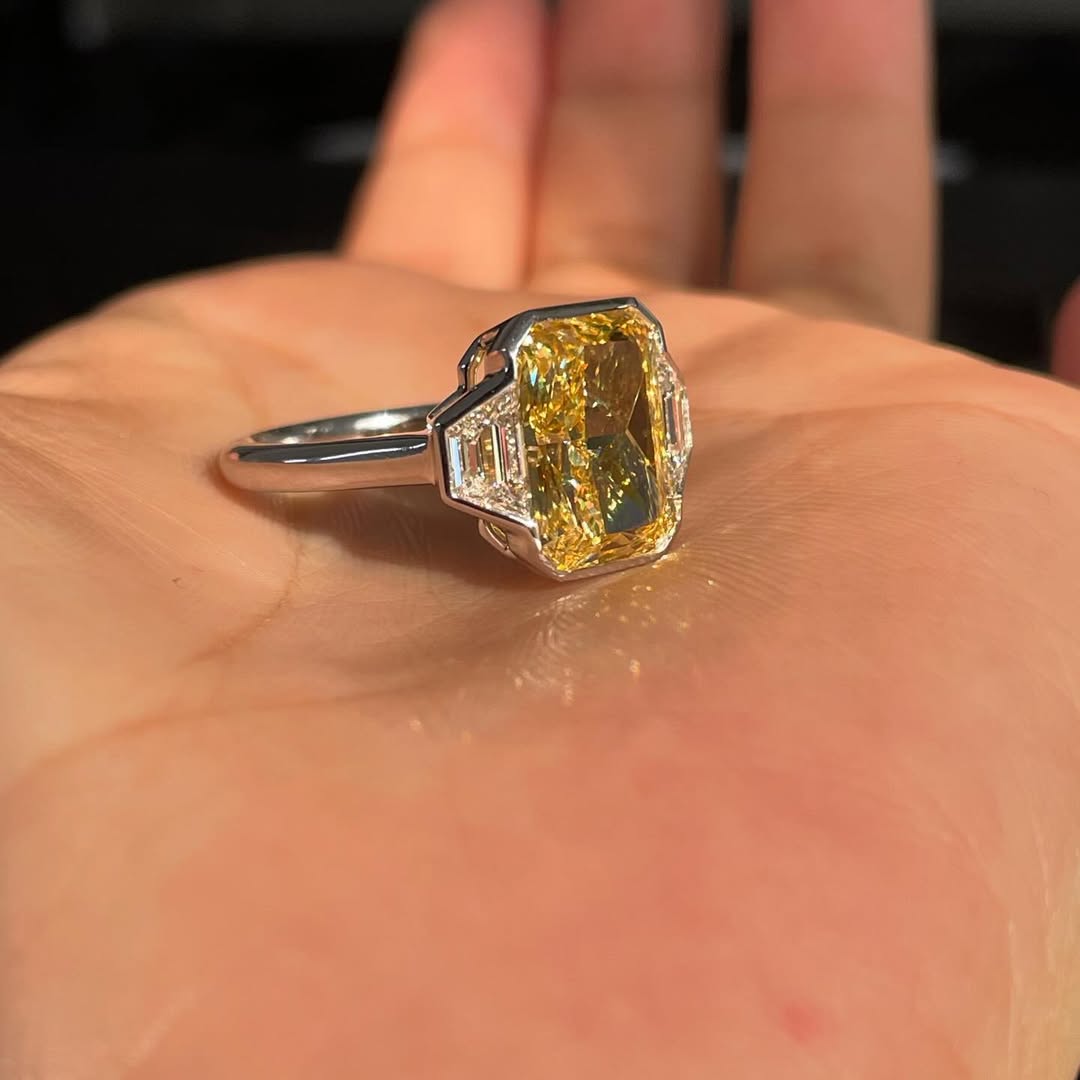 Fancy Yellow Radiant Cut 8.00tcw Lab Grown Diamond Ring | 2.00ct Baguette Side Stones | IGI Certified | Three Stone Ring | White Gold Ring