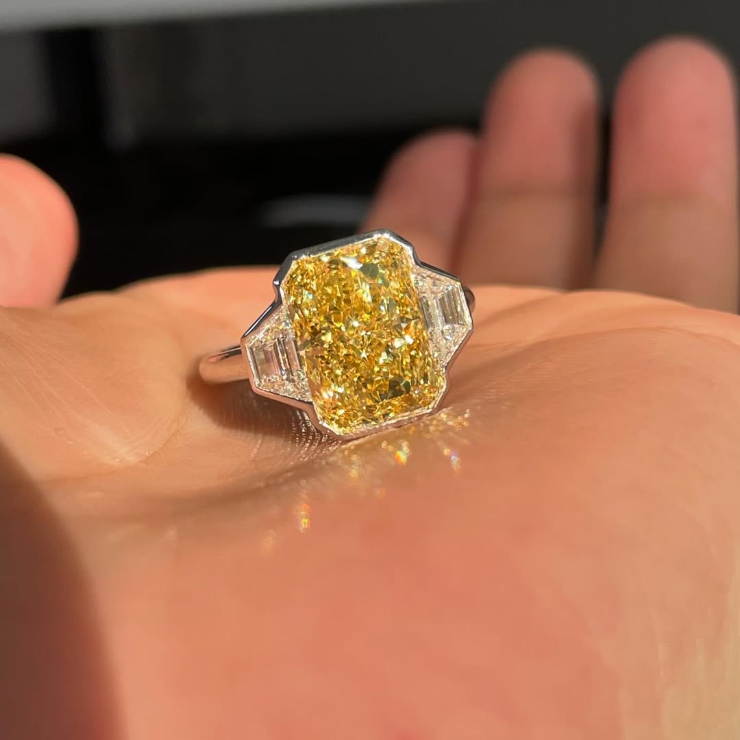Fancy Yellow Radiant Cut 8.00tcw Lab Grown Diamond Ring | 2.00ct Baguette Side Stones | IGI Certified | Three Stone Ring | White Gold Ring