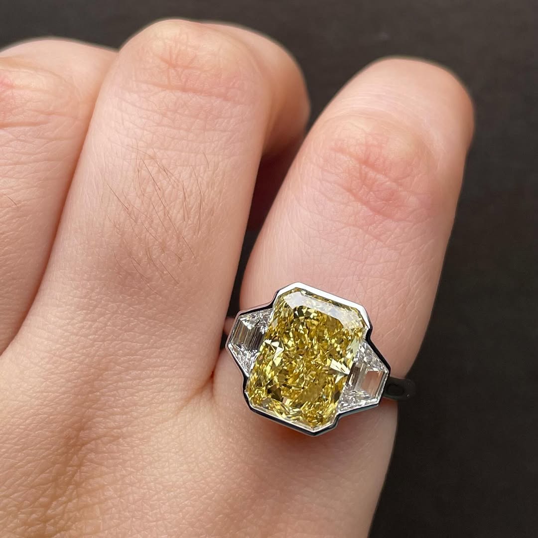 Fancy Yellow Radiant Cut 8.00tcw Lab Grown Diamond Ring | 2.00ct Baguette Side Stones | IGI Certified | Three Stone Ring | White Gold Ring