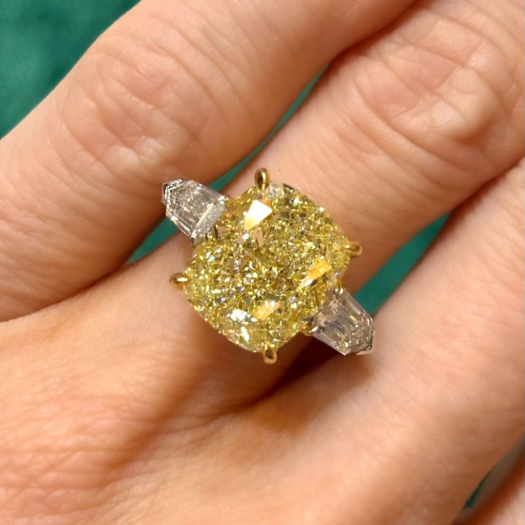 Fancy Yellow 6.50tcw Cushion Lab-Grown Diamond Bullet Side Stone Engagement Ring | IGI
