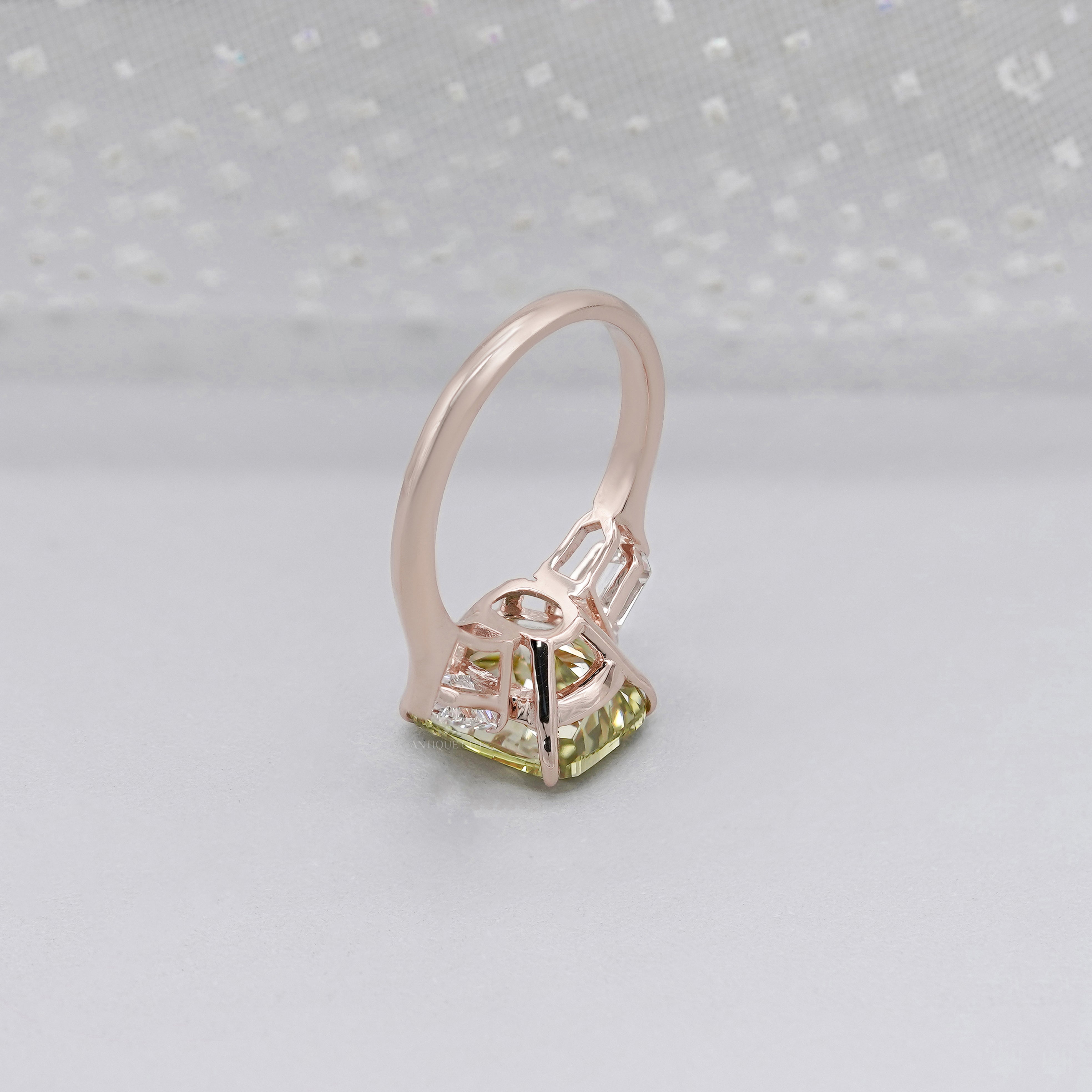 Fancy Yellow 6.50tcw Cushion Cut Lab Diamond Ring | Rose Gold Three-Stone | IGI Certified