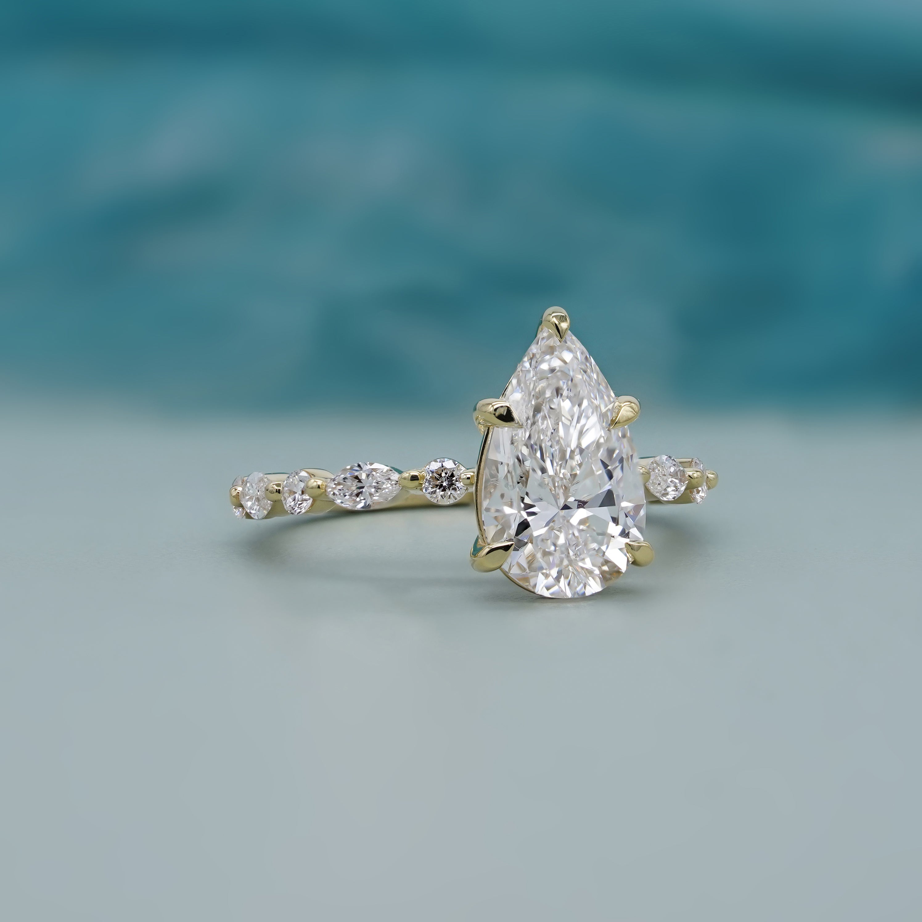 Pear Lab Created Diamond Ring 4.85tcw | Accent Engagement Ring with Marquise and Round Band | IGI Certificate