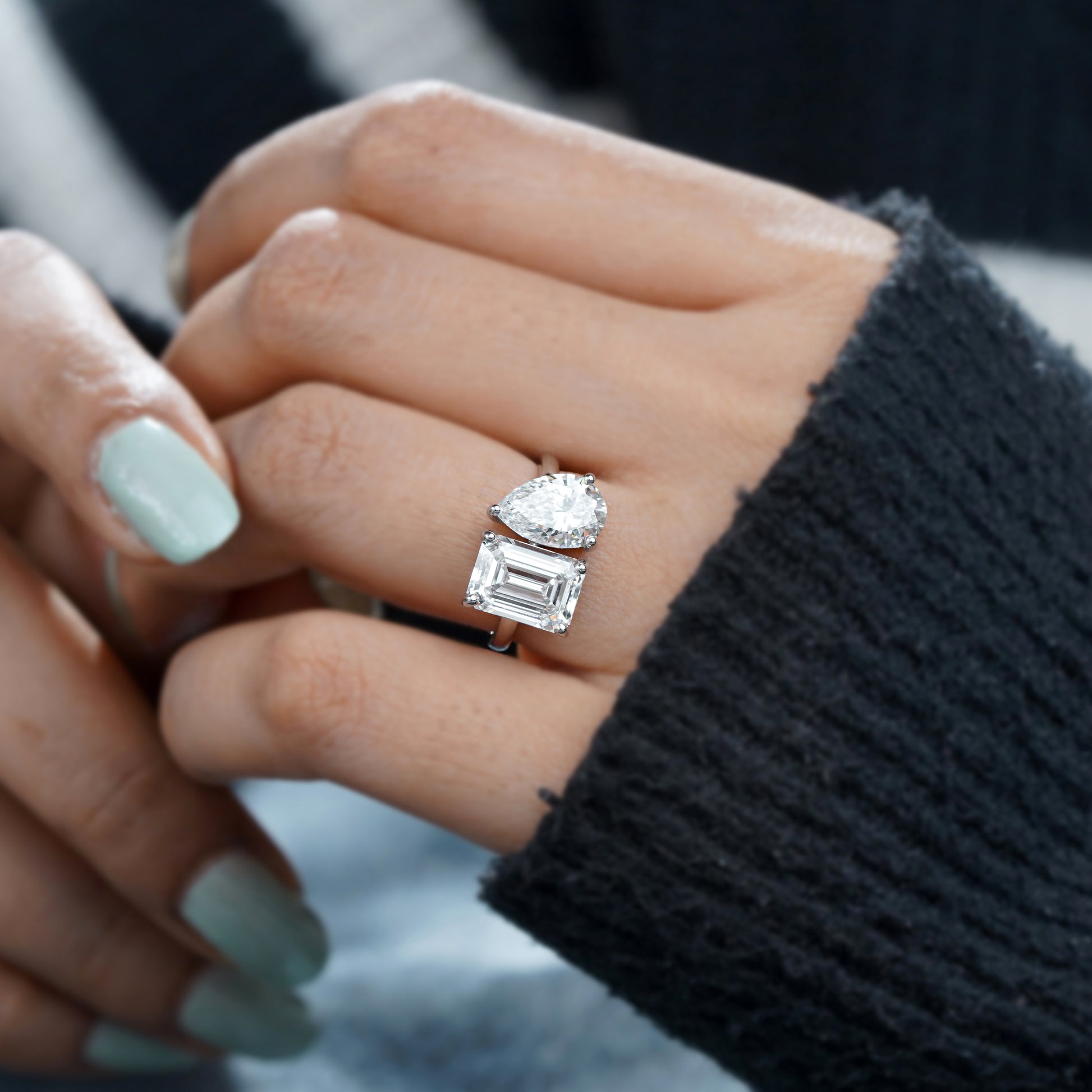 Emerald and Pear 6.00tcw Lab Grown Diamond Toi Et Moi Ring | IGI Certified | DEF VVS–VS