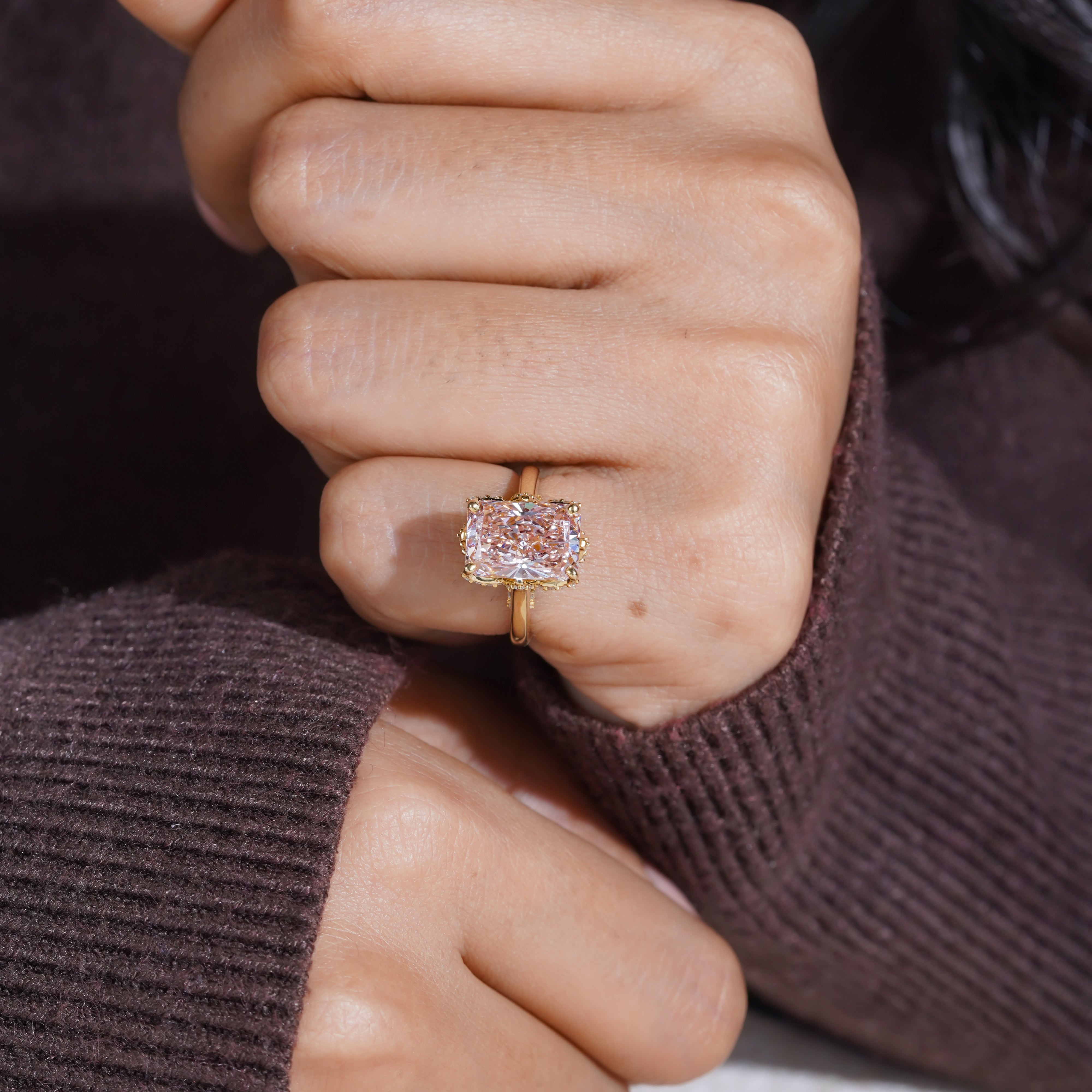 Radiant Fancy Pink 4.40tcw Lab Grown Diamond, Prong Side Stone Engagement Ring, D-E-F Color, VS-VVS Clarity, IGI Certificate