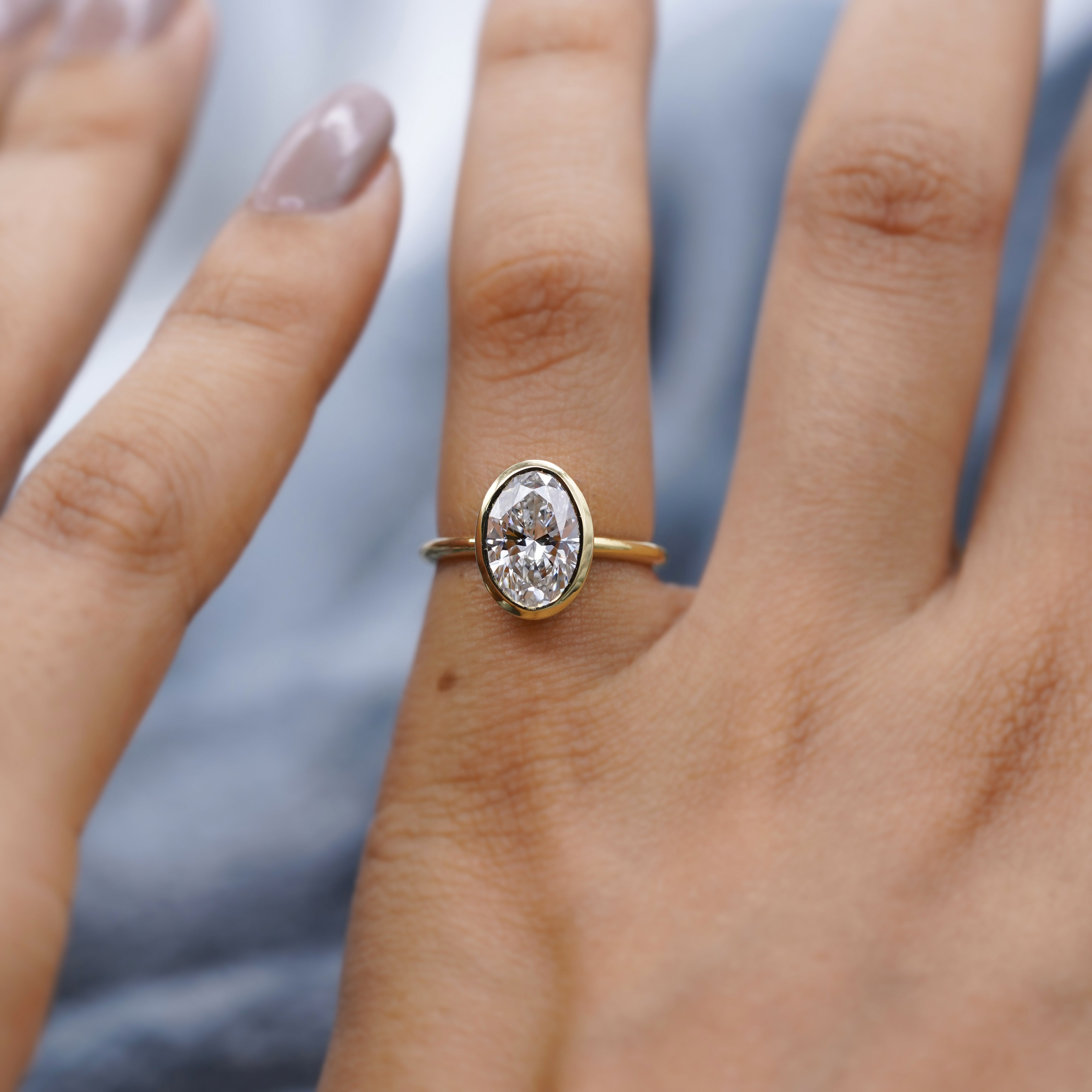 2.00ct Oval Lab Grown Diamond Bezel Engagement Ring – Ethical, Minimalist Style – VVS Clarity, D-E-F Color, IGI Certified