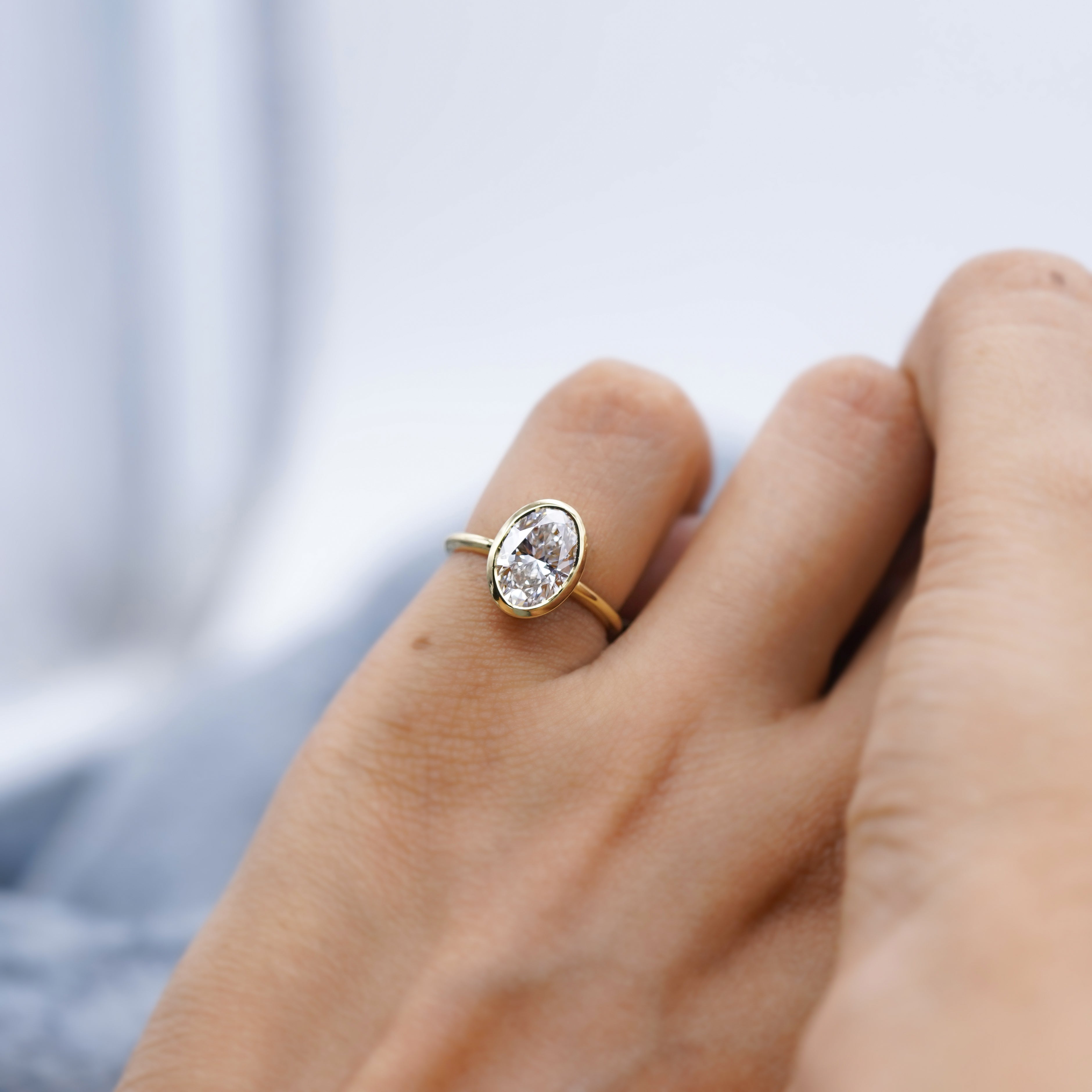 2.00ct Oval Lab Grown Diamond Bezel Engagement Ring – Ethical, Minimalist Style – VVS Clarity, D-E-F Color, IGI Certified
