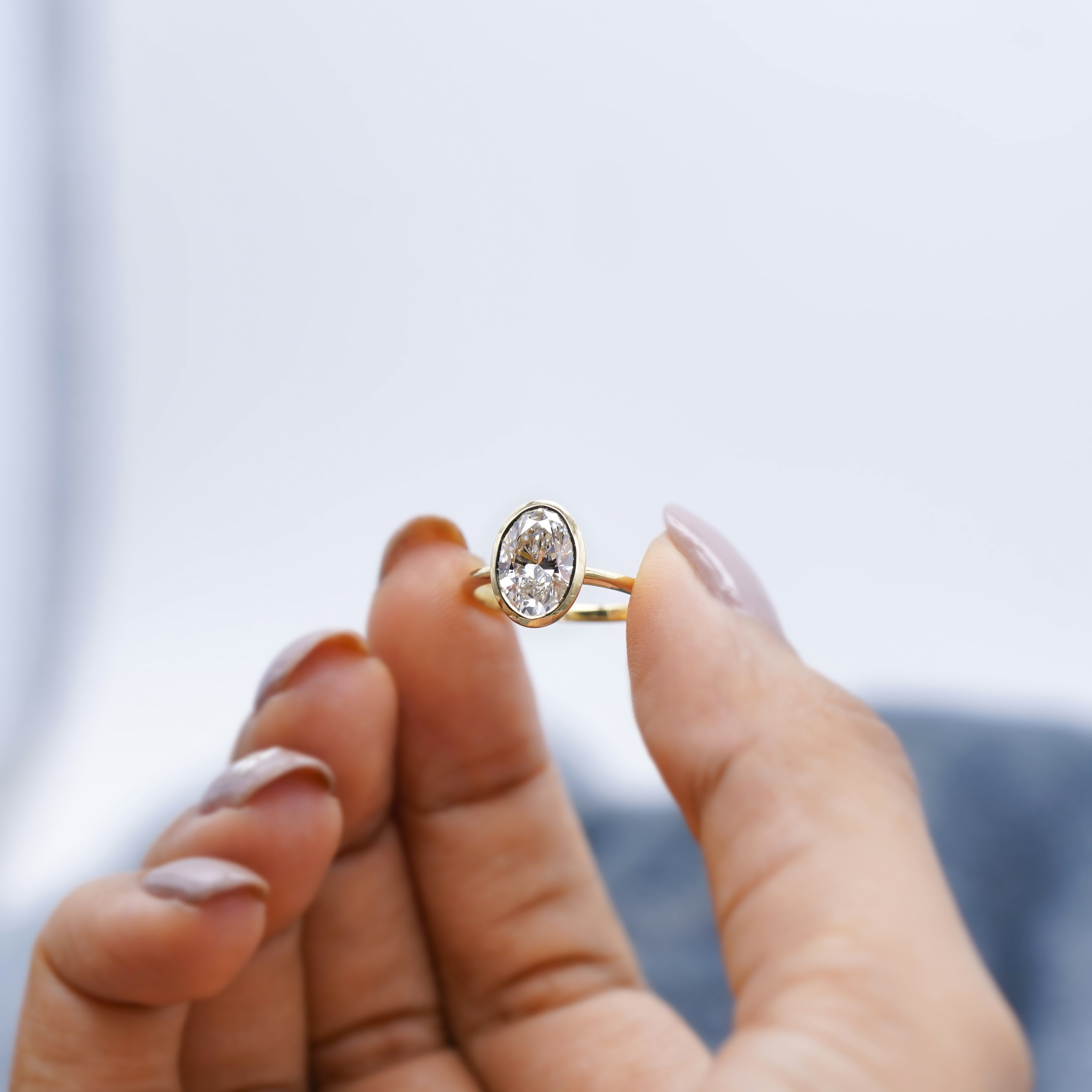 2.00ct Oval Lab Grown Diamond Bezel Engagement Ring – Ethical, Minimalist Style – VVS Clarity, D-E-F Color, IGI Certified