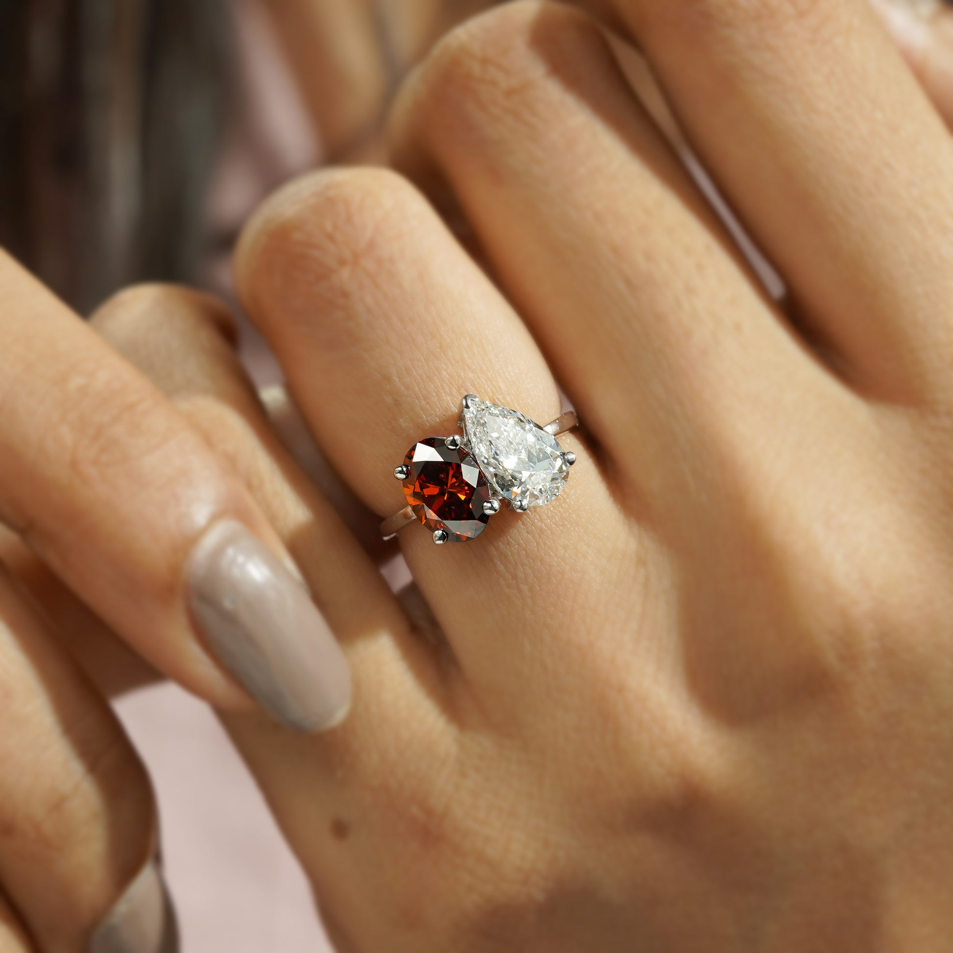 Oval Fancy Red And Pear 3.00tcw Lab Diamond Toi Et Moi Ring | IGI Certified VS Clarity