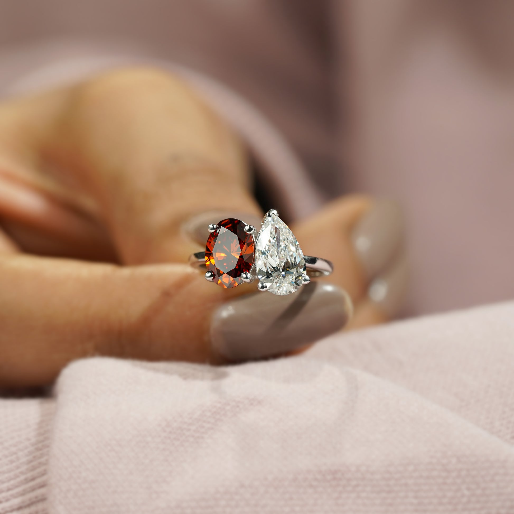 Oval Fancy Red And Pear 3.00tcw Lab Diamond Toi Et Moi Ring | IGI Certified VS Clarity