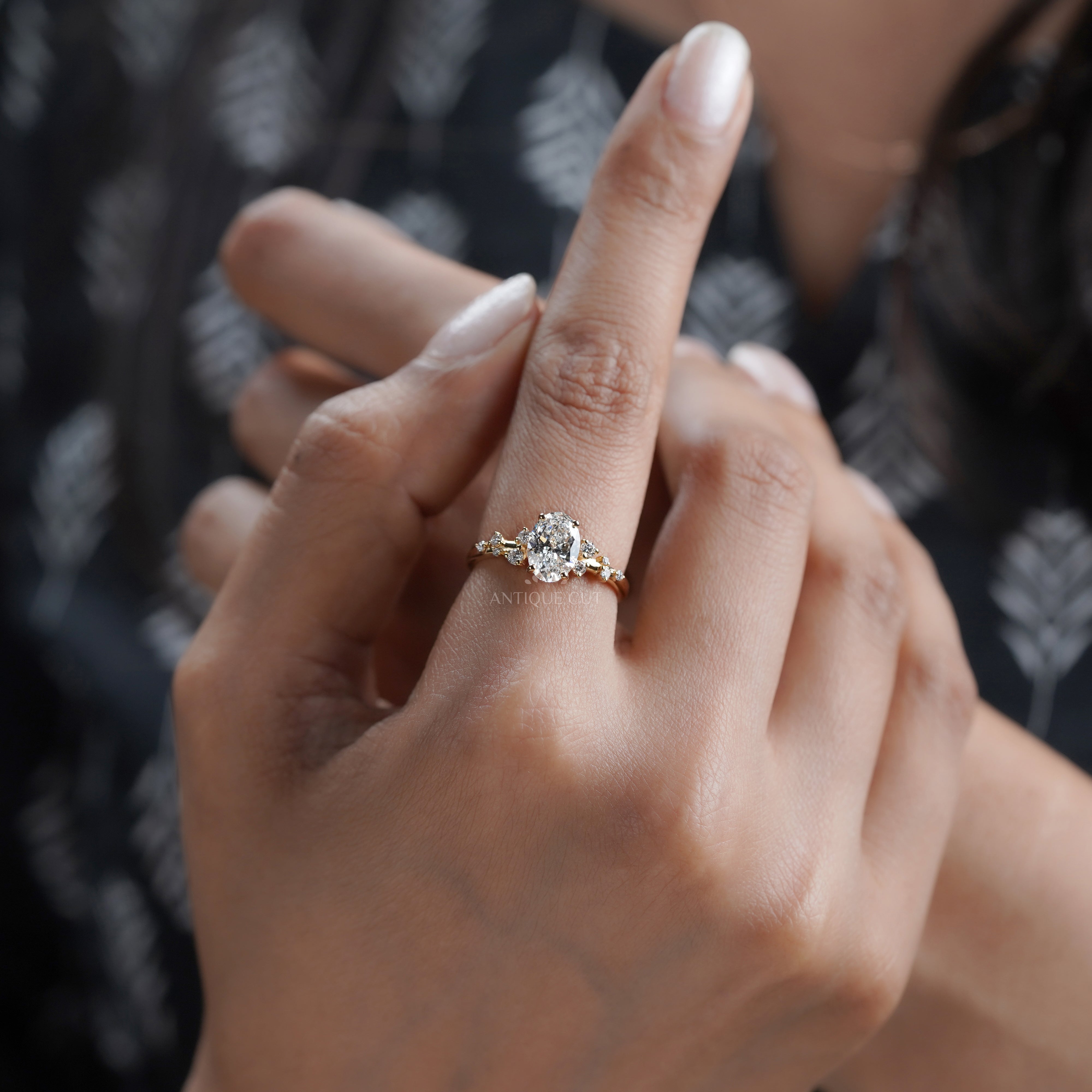 Oval 1.50tcw Lab Diamond Cluster Ring | Yellow Gold | Unique Side Design | IGI Certified