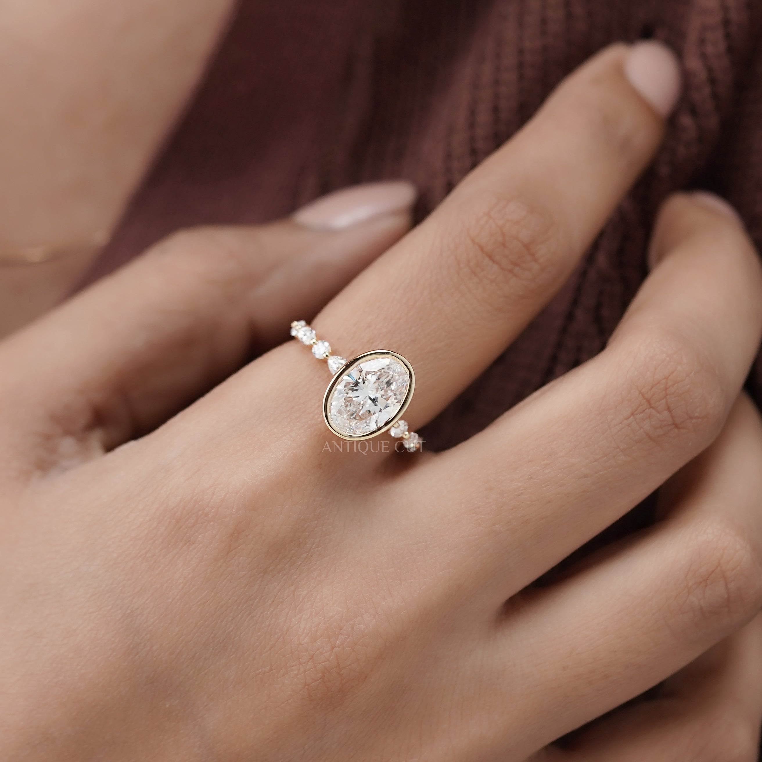 Oval 3.50tcw Bezel Set Lab Grown Diamond Engagement Ring | Yellow Gold with Side Stones | IGI Certified