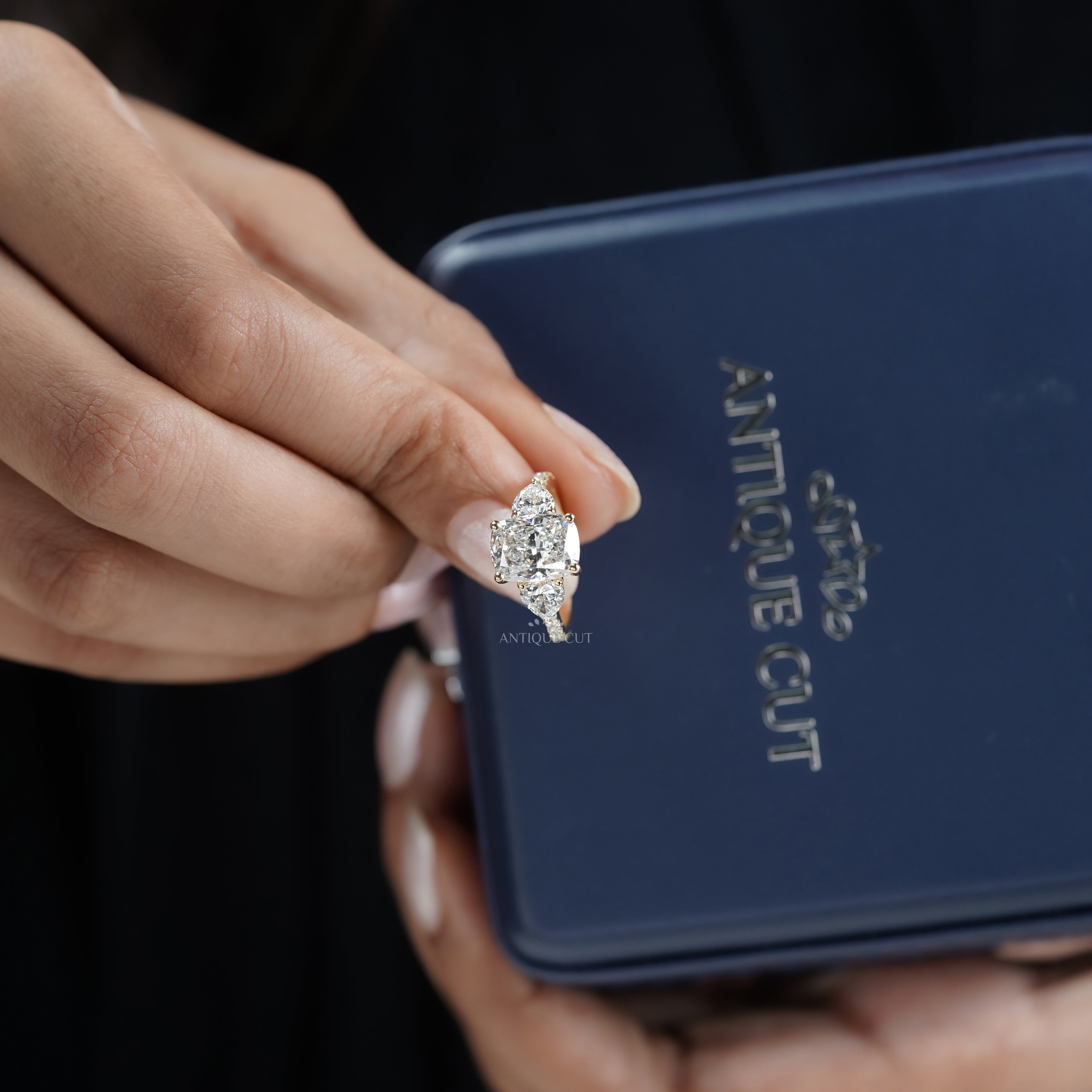 Cushion 3.90tcw Lab-Grown Diamond Three-Stone Ring | Heart & Round Side Stones | Yellow Gold