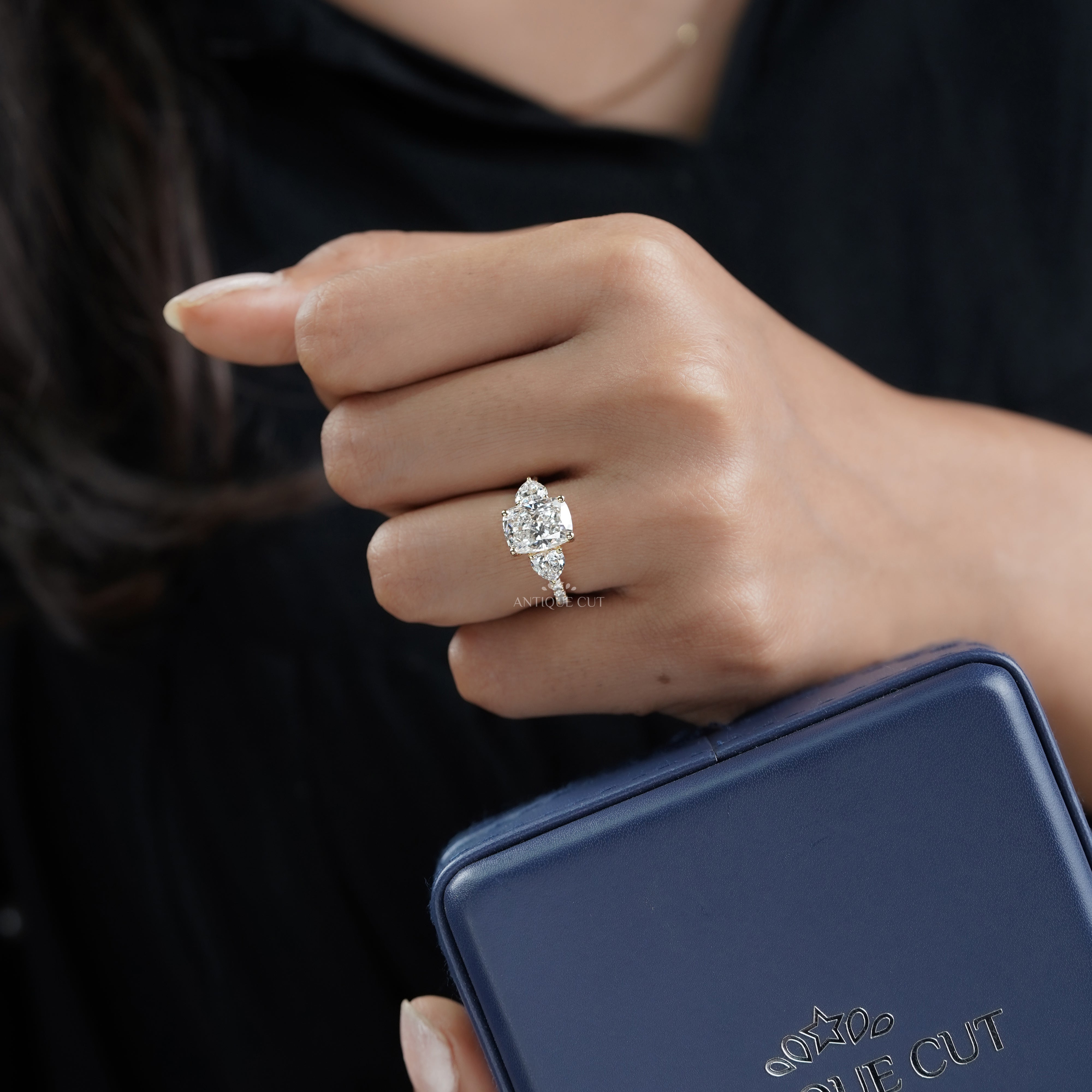 Cushion 3.90tcw Lab-Grown Diamond Three-Stone Ring | Heart & Round Side Stones | Yellow Gold