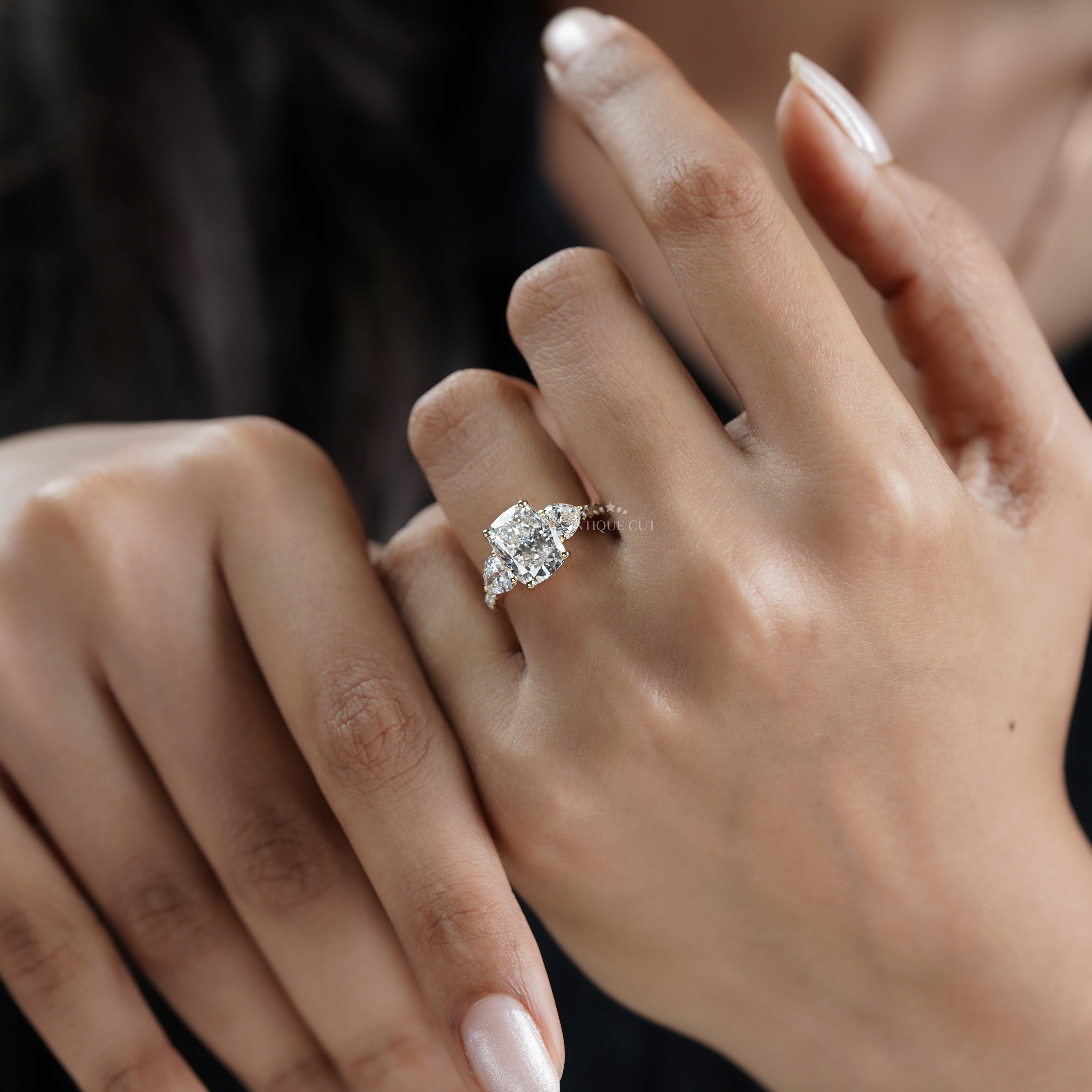 Cushion 3.90tcw Lab-Grown Diamond Three-Stone Ring | Heart & Round Side Stones | Yellow Gold