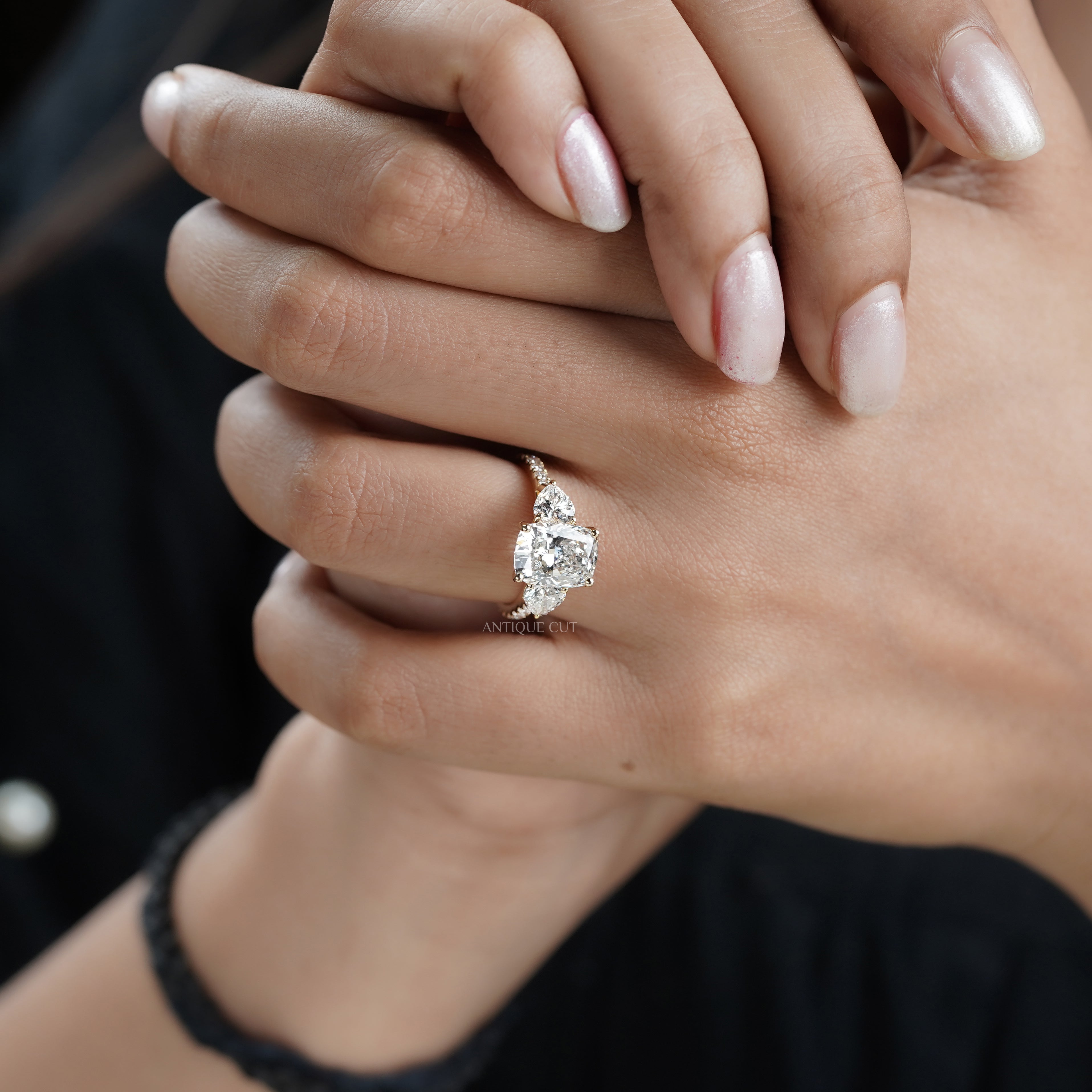 Cushion 3.90tcw Lab-Grown Diamond Three-Stone Ring | Heart & Round Side Stones | Yellow Gold
