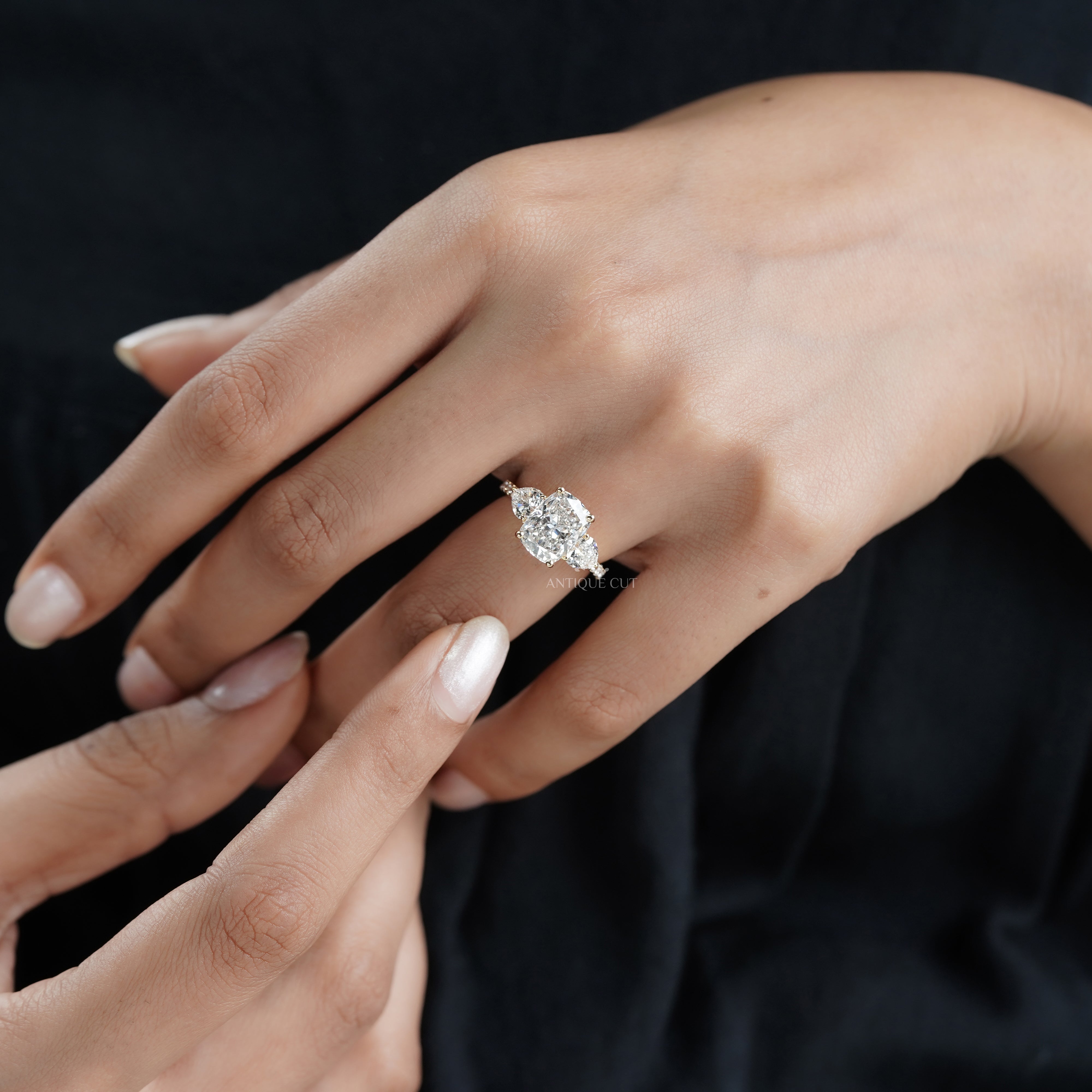 Cushion 3.90tcw Lab-Grown Diamond Three-Stone Ring | Heart & Round Side Stones | Yellow Gold