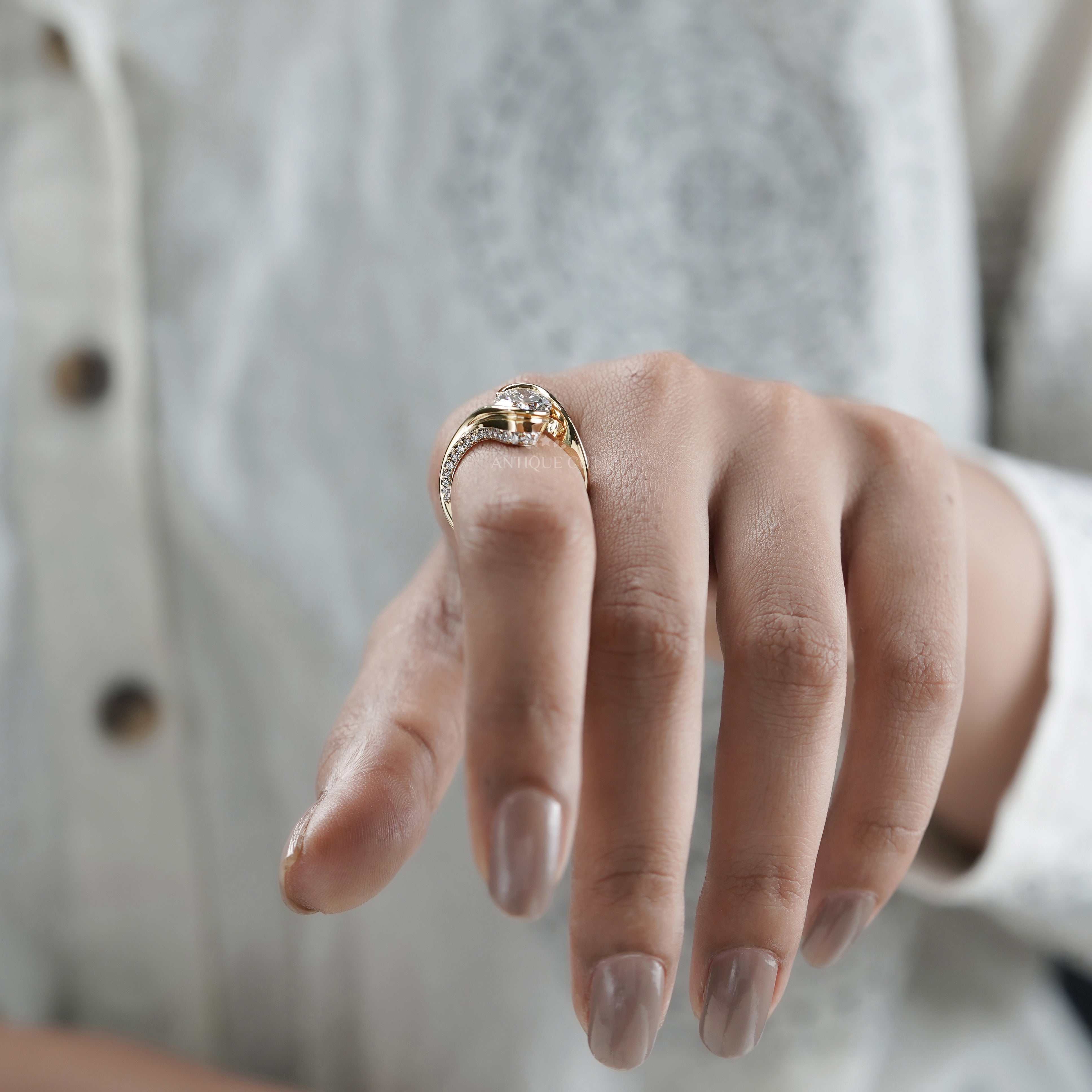 Oval 3.40tcw Lab Diamond Swirl Ring | Modern Wrap Yellow Gold Design | IGI Certified