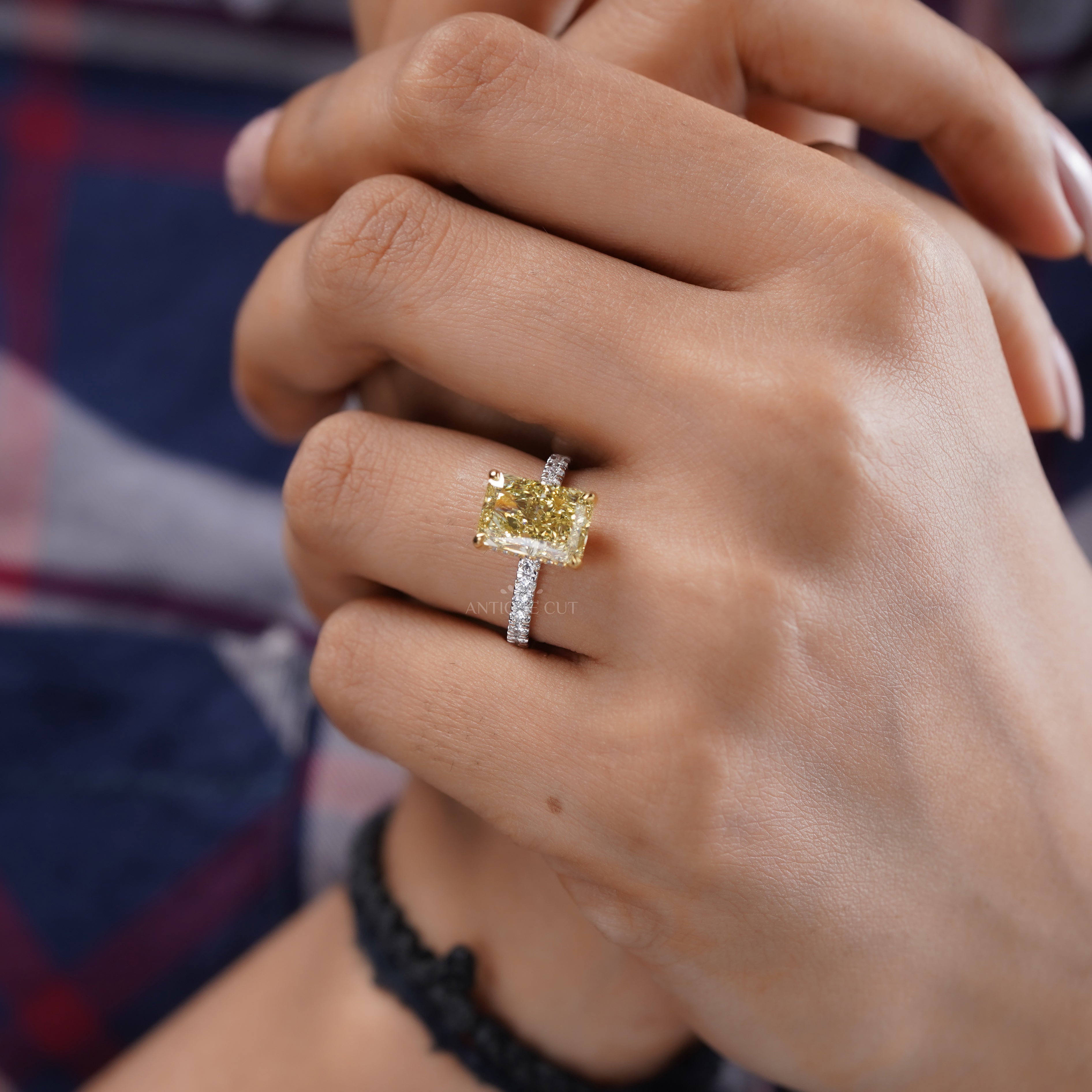 4.40ct Radiant Fancy Yellow Lab Diamond Ring with Hidden Halo & Two Tone Pavé Band
