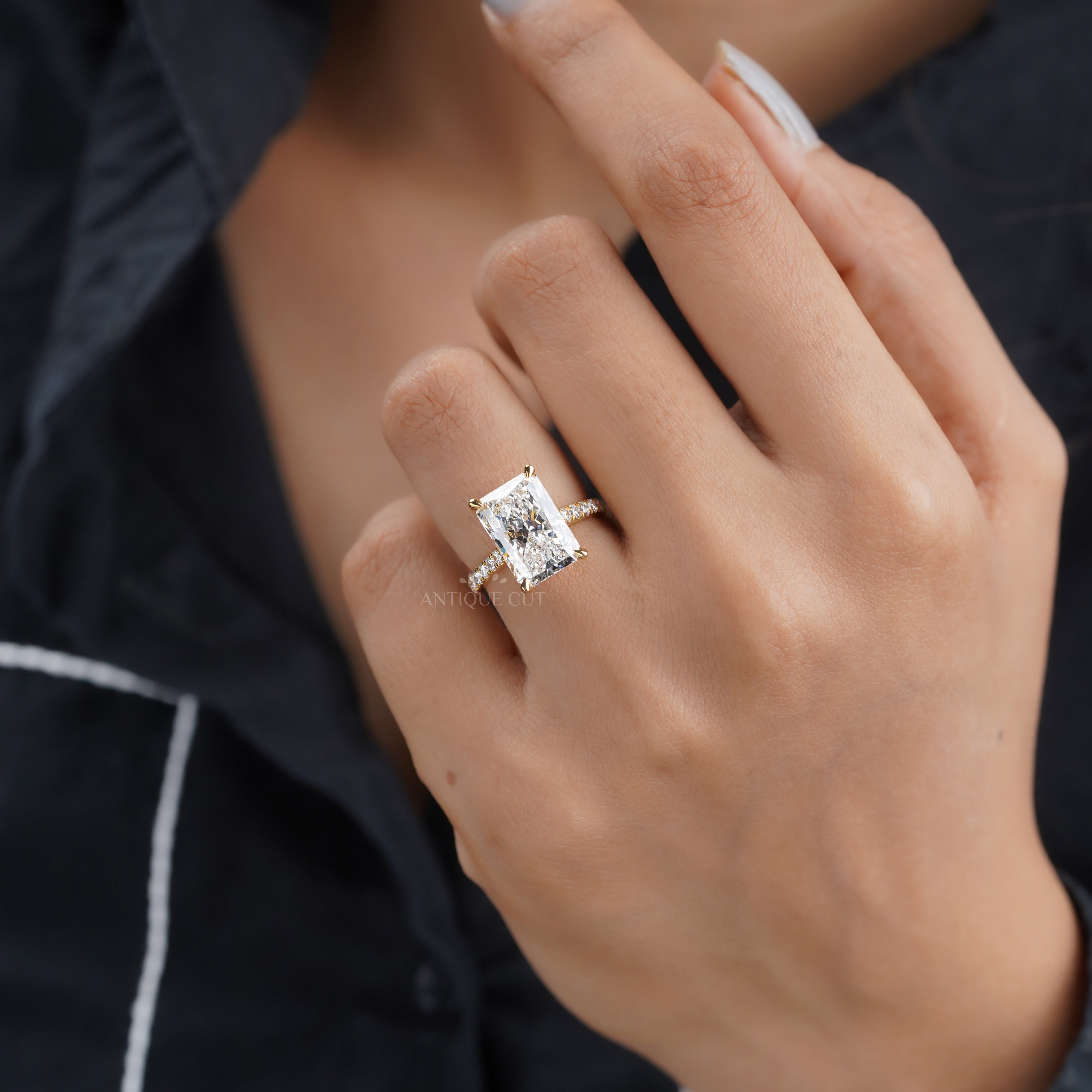 Radiant 5.60tcw Lab Grown Diamond Hidden Halo Pavé Engagement Ring | IGI Certified | Yellow Gold