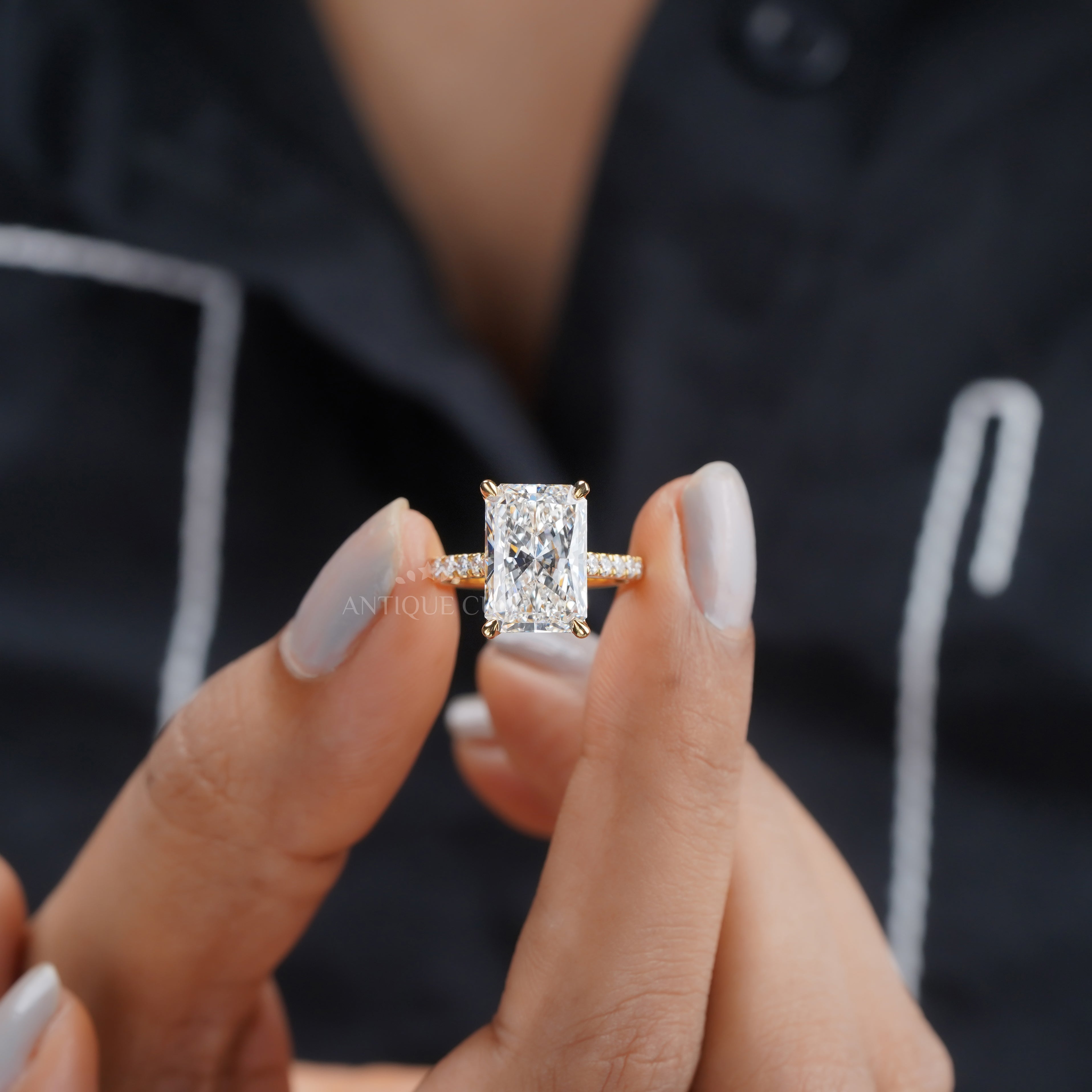 Radiant 5.60tcw Lab Grown Diamond Hidden Halo Pavé Engagement Ring | IGI Certified | Yellow Gold