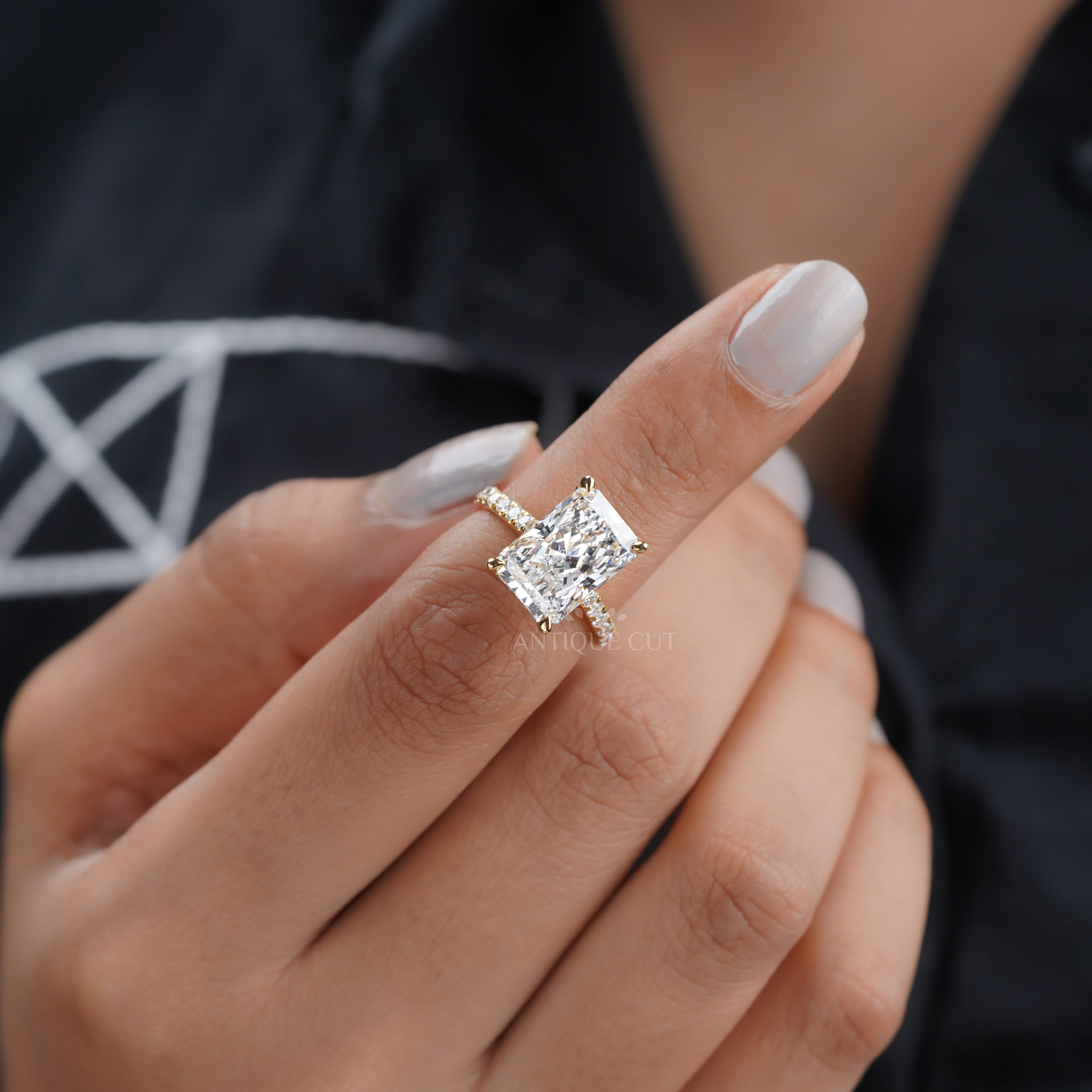 Radiant 5.60tcw Lab Grown Diamond Hidden Halo Pavé Engagement Ring | IGI Certified | Yellow Gold