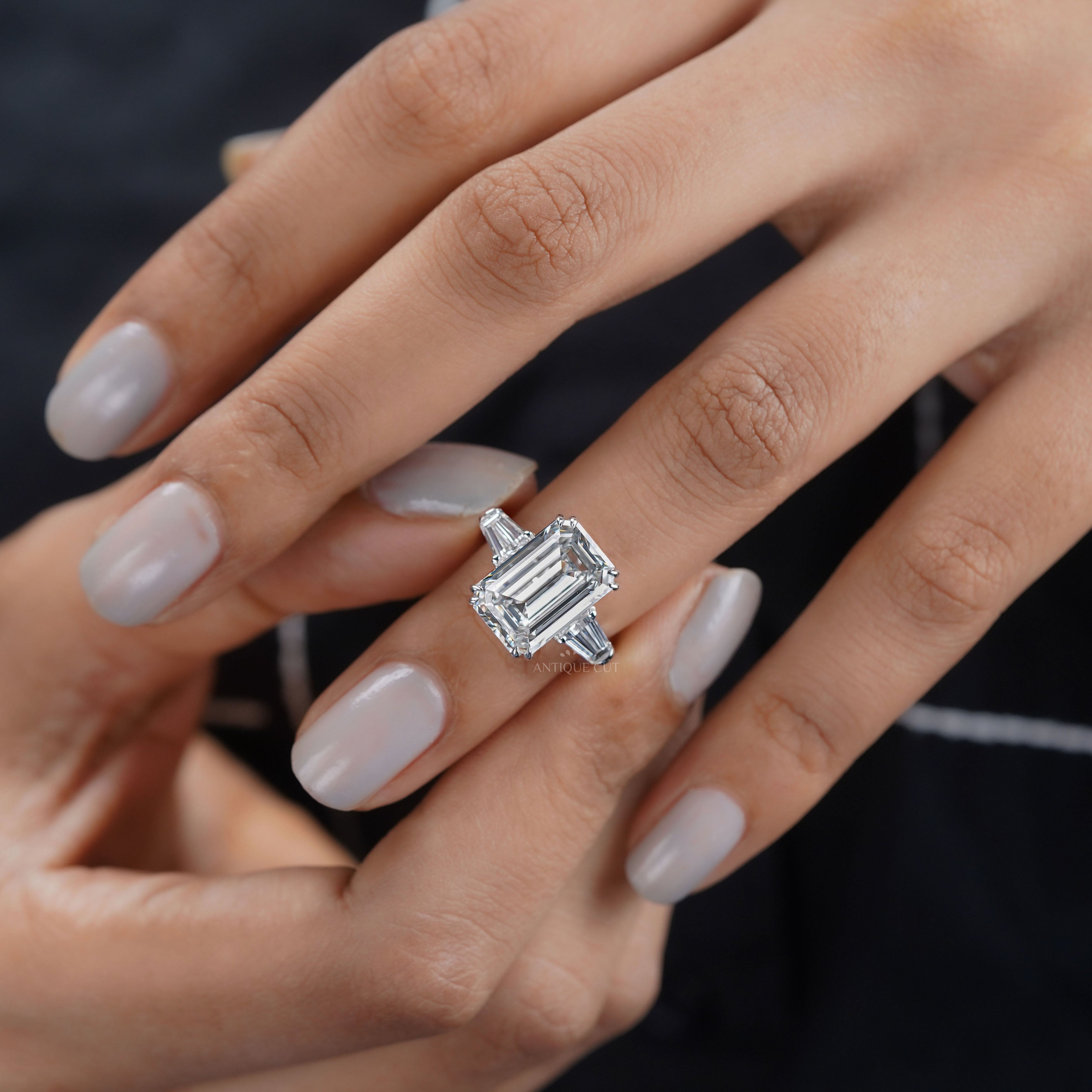 Emerald 6.60tcw Lab Grown Diamond Three Stone Engagement Ring | IGI Certified | White Gold