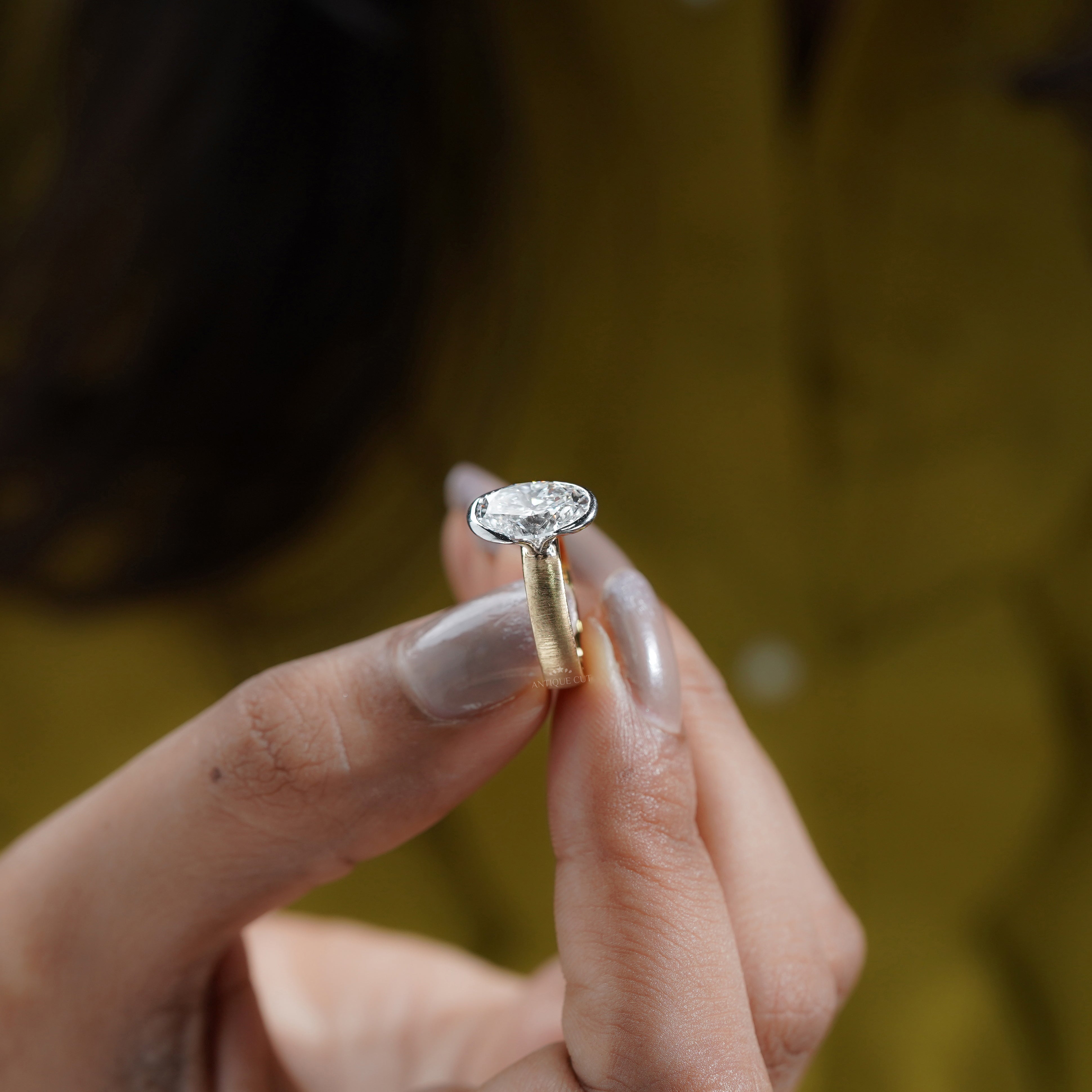 4ct Oval Lab Grown Diamond Bezel Engagement Ring | Two-Tone Matte Finish | IGI Certified D-E-F VVS–VS