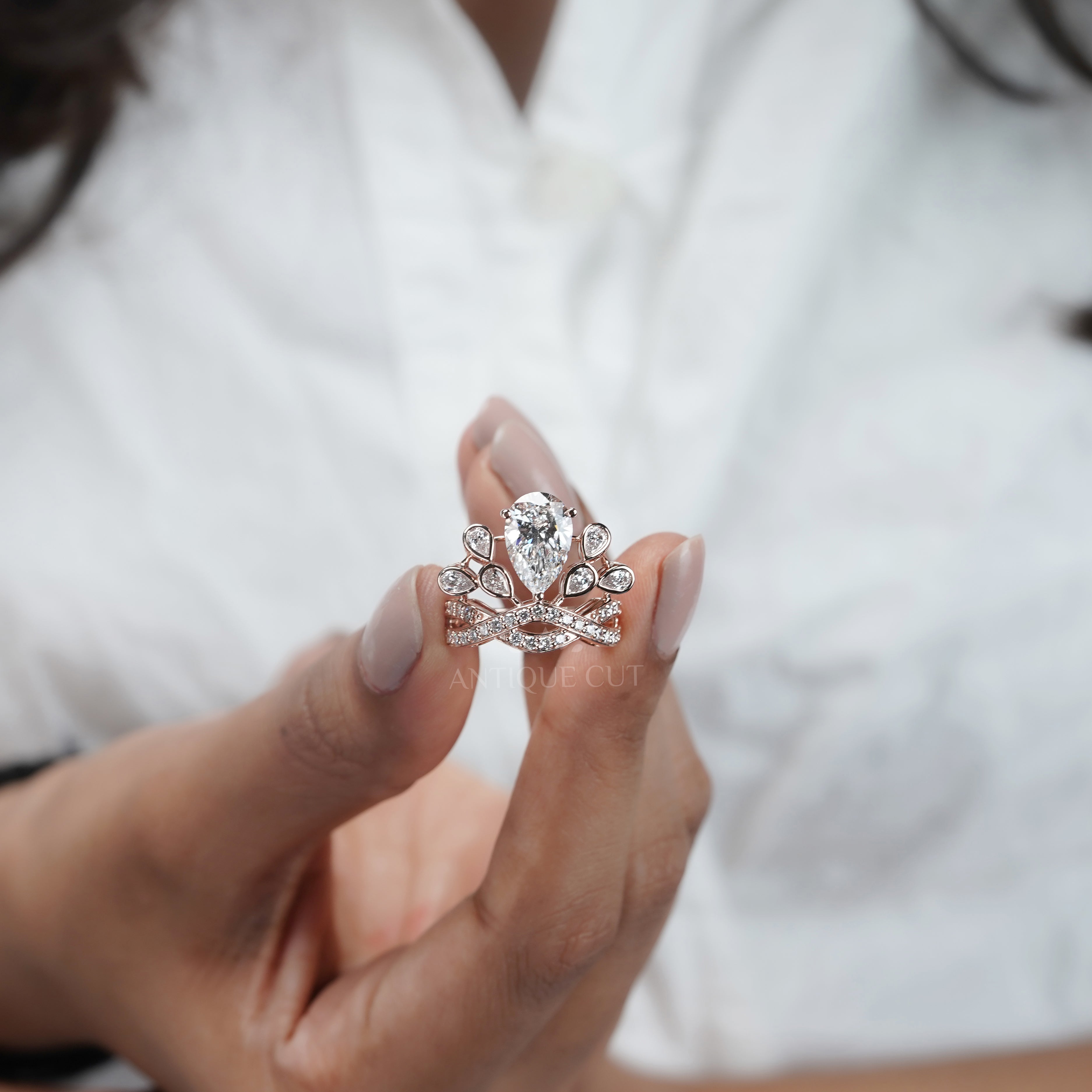 Elegant 4.50tcw Pear Lab Diamond Ring with Tapered Side Stones | IGI Certified | DEF Color | Custom Gold Options