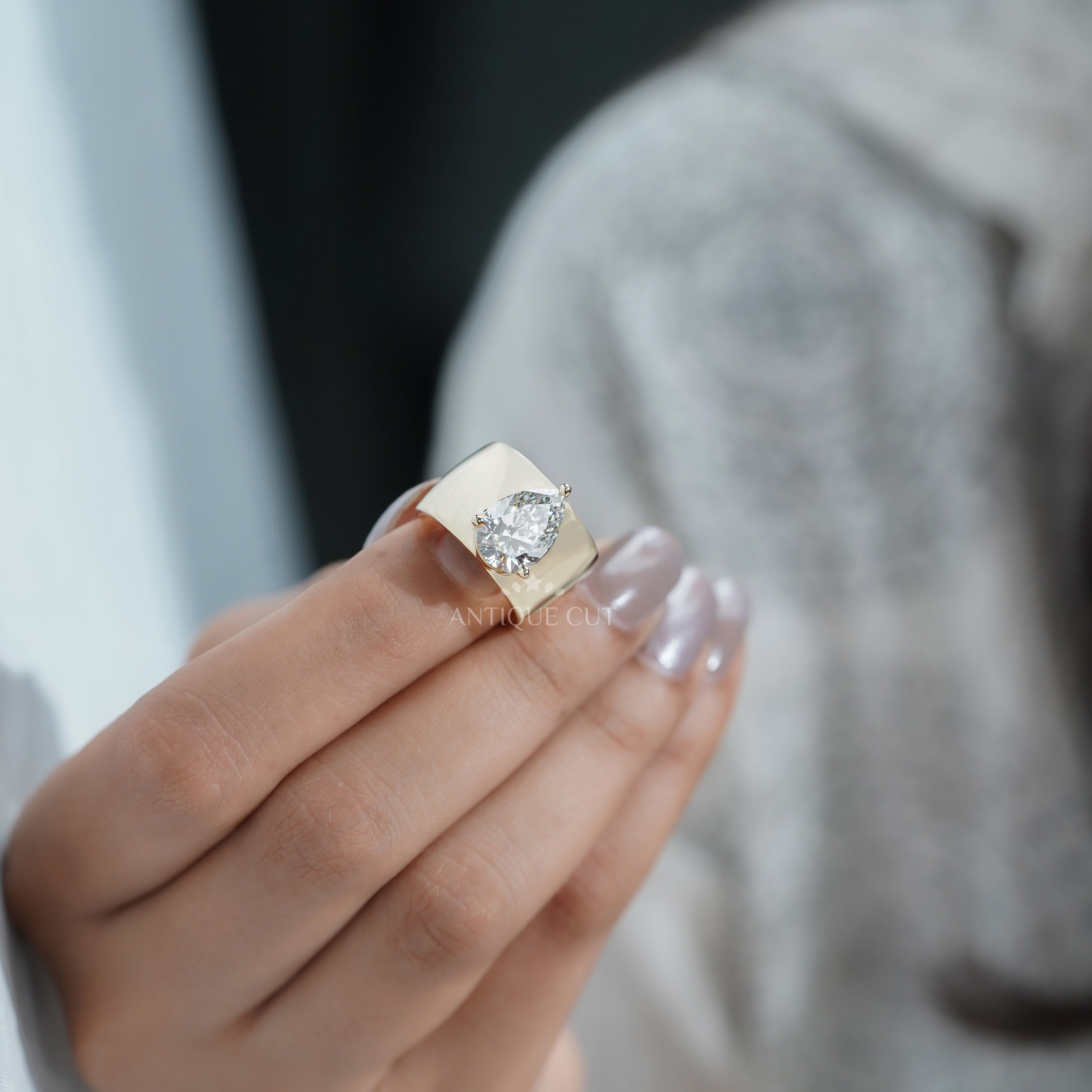 3.00ct Pear Lab Grown Diamond Wide Band Ring | Modern Yellow Gold