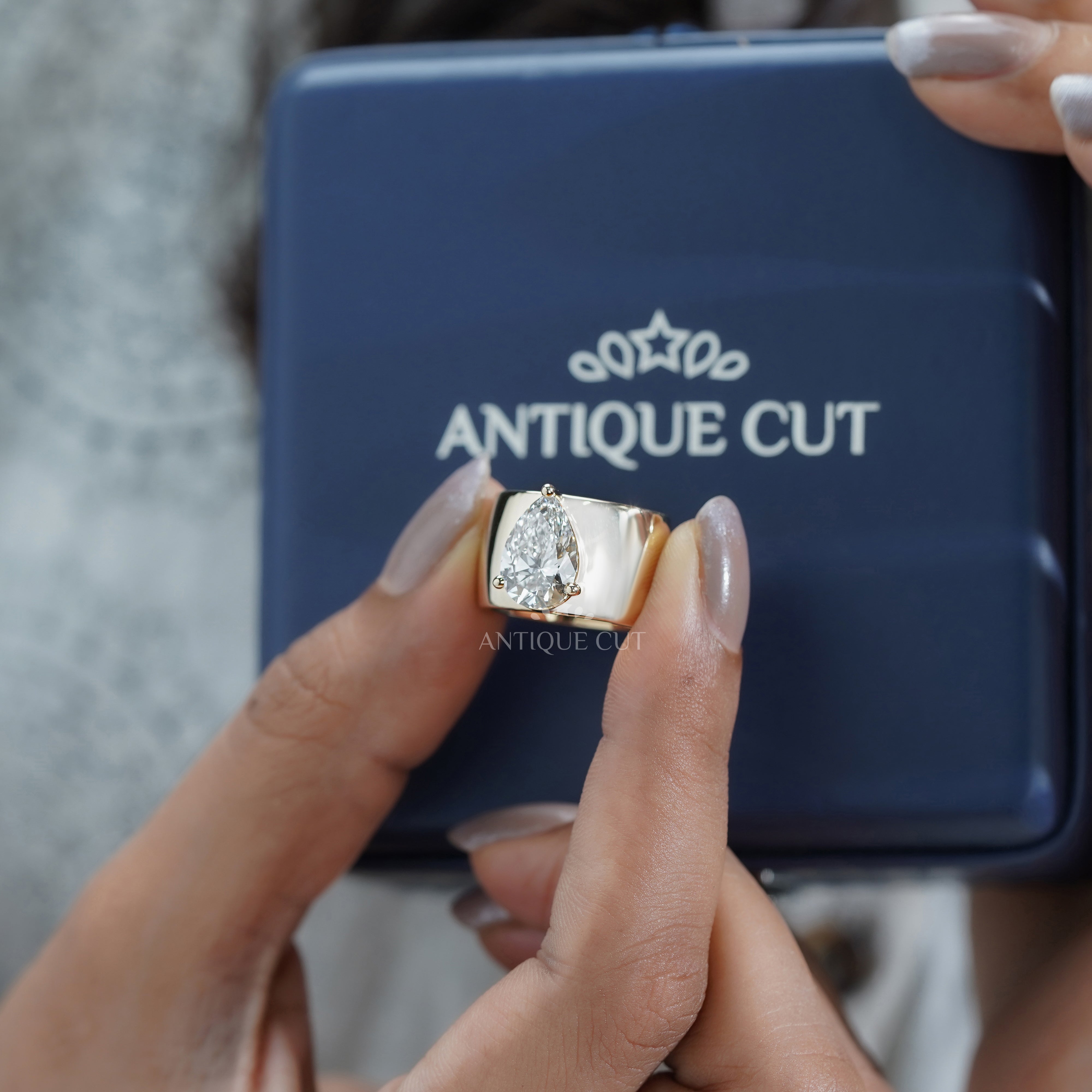 3.00ct Pear Lab Grown Diamond Wide Band Ring | Modern Yellow Gold