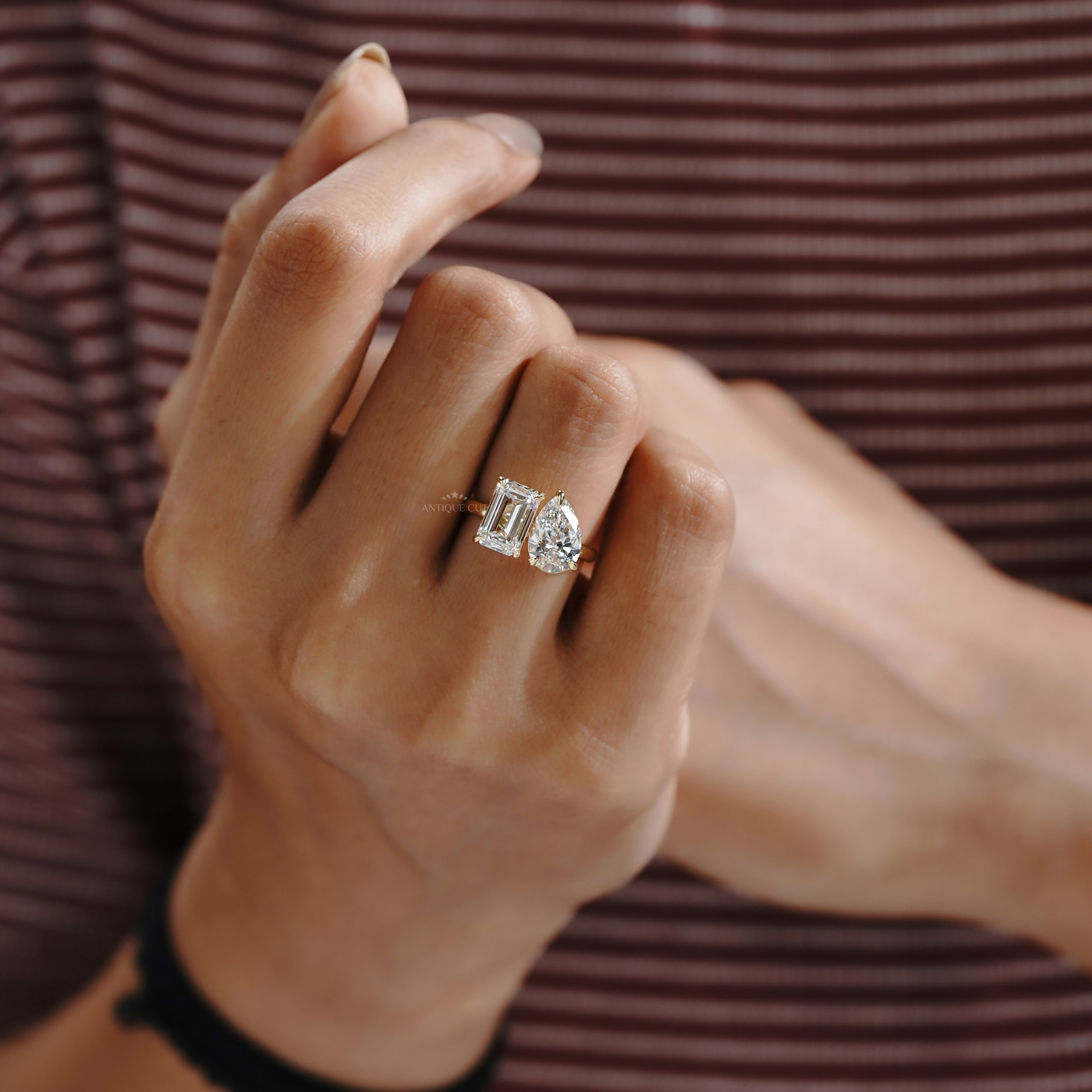 Emerald & Pear 4.00tcw Lab Grown Diamond Toi et Moi Engagement Ring | Yellow Gold | IGI Certified