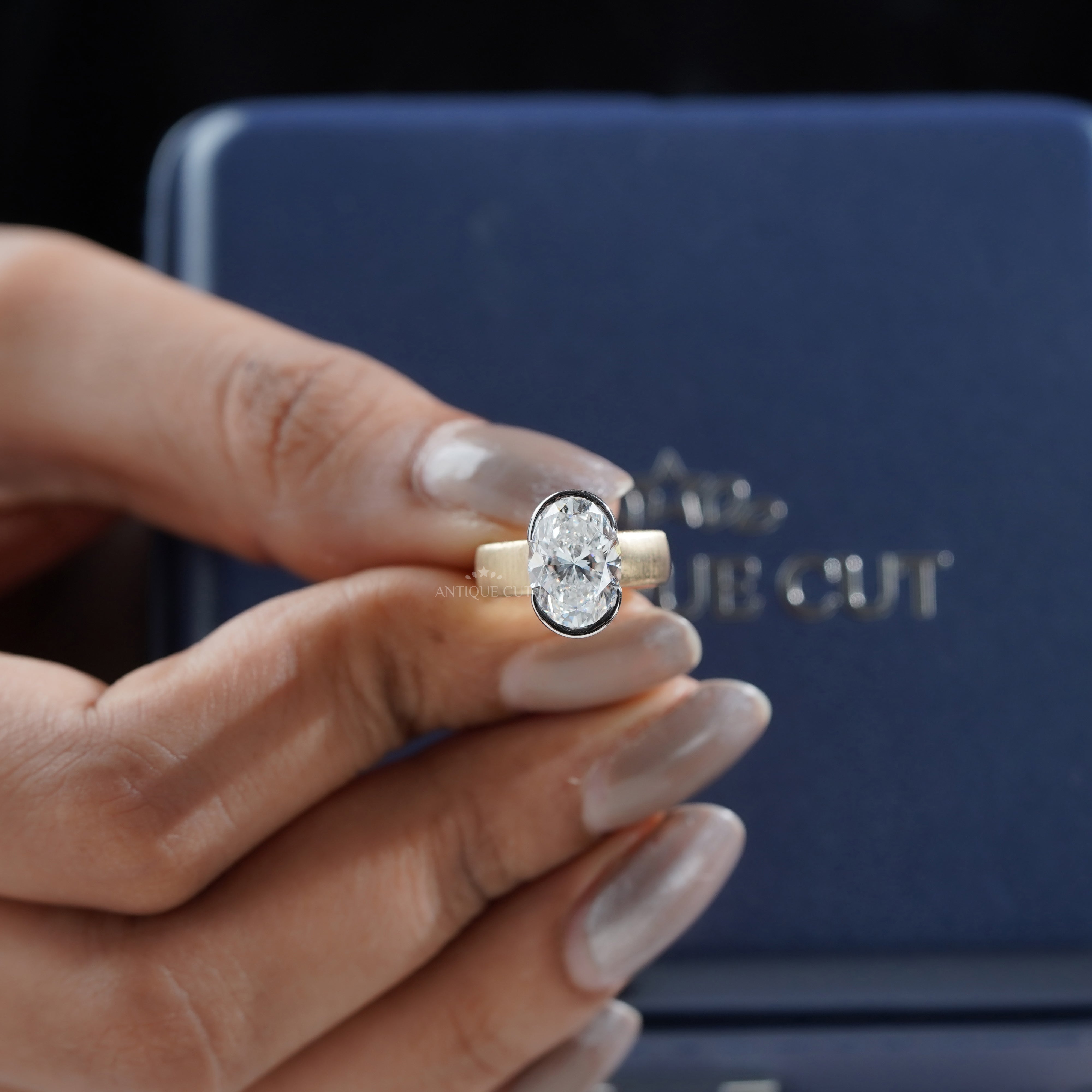 4ct Oval Lab Grown Diamond Bezel Engagement Ring | Paper Matte Finish | Two-Tone Gold | IGI Certified