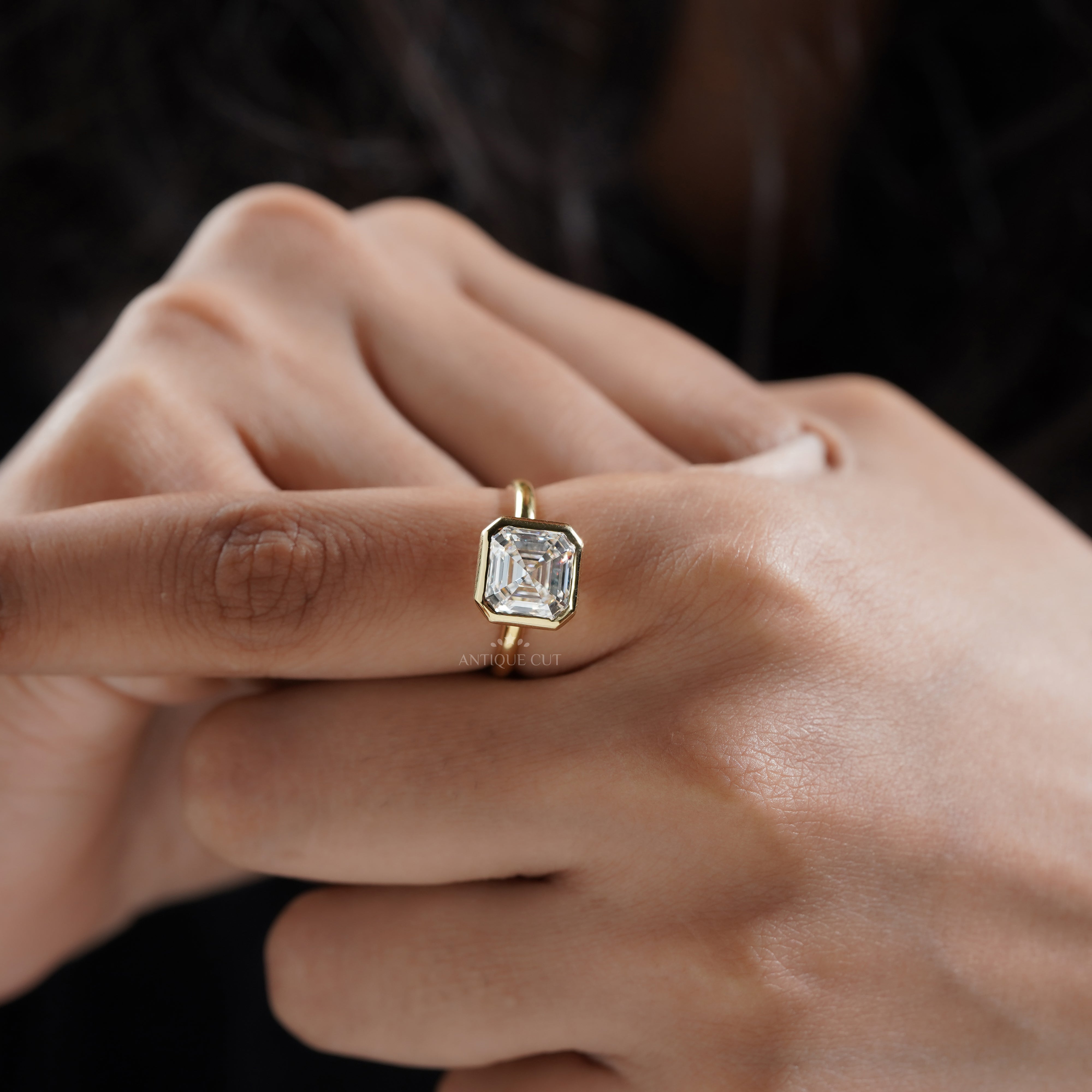 4.00ct Asscher Lab-Grown Diamond Bezel Engagement Ring | Yellow Gold Solitaire | IGI Certified Ethical Step-Cut Diamond Ring