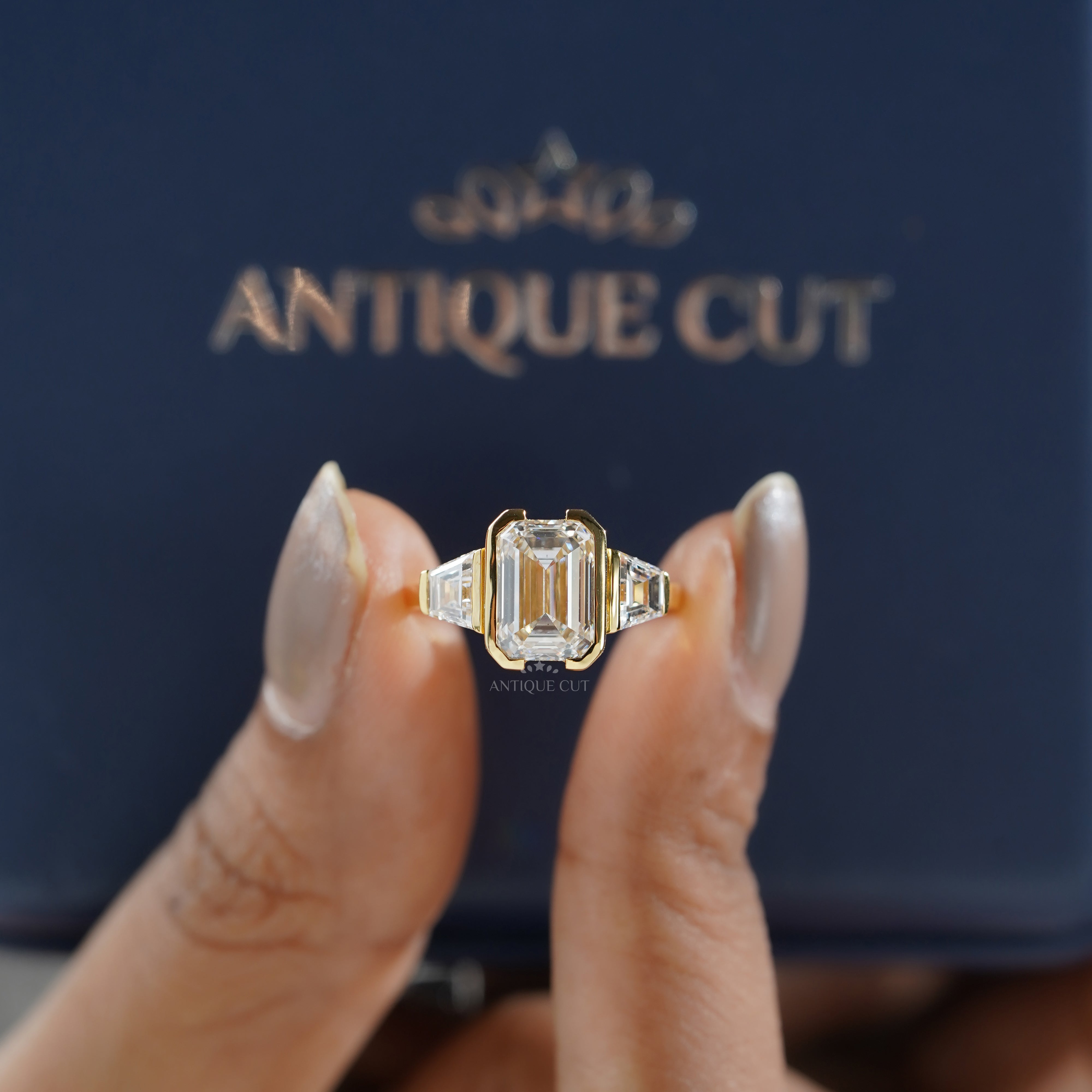 3.70tcw Emerald Lab-Grown Diamond Engagement Ring | 3.00ct Emerald + 0.70ct Trapezoid Side Stones | 14k Gold IGI Certified