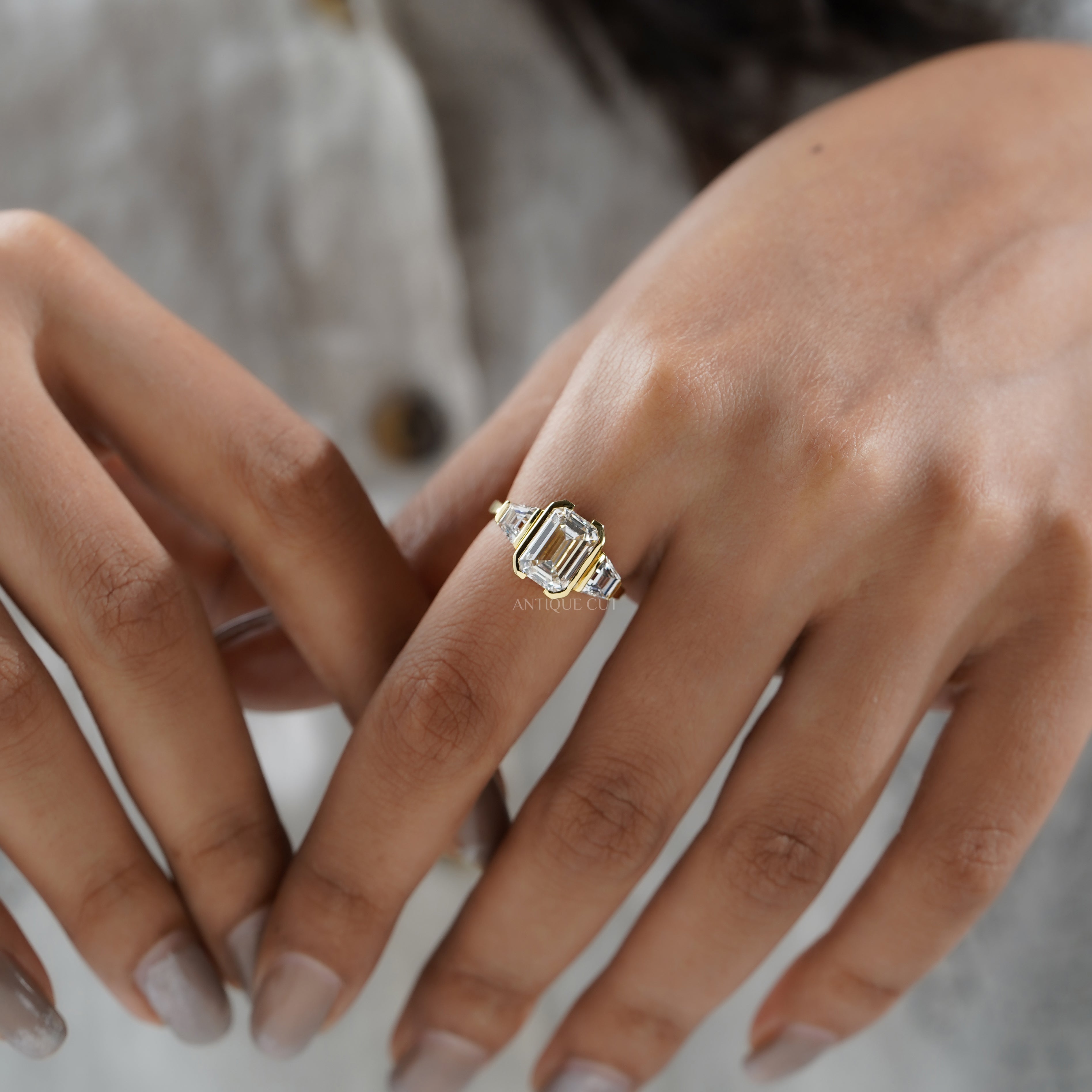 3.70tcw Emerald Lab-Grown Diamond Engagement Ring | 3.00ct Emerald + 0.70ct Trapezoid Side Stones | 14k Gold IGI Certified