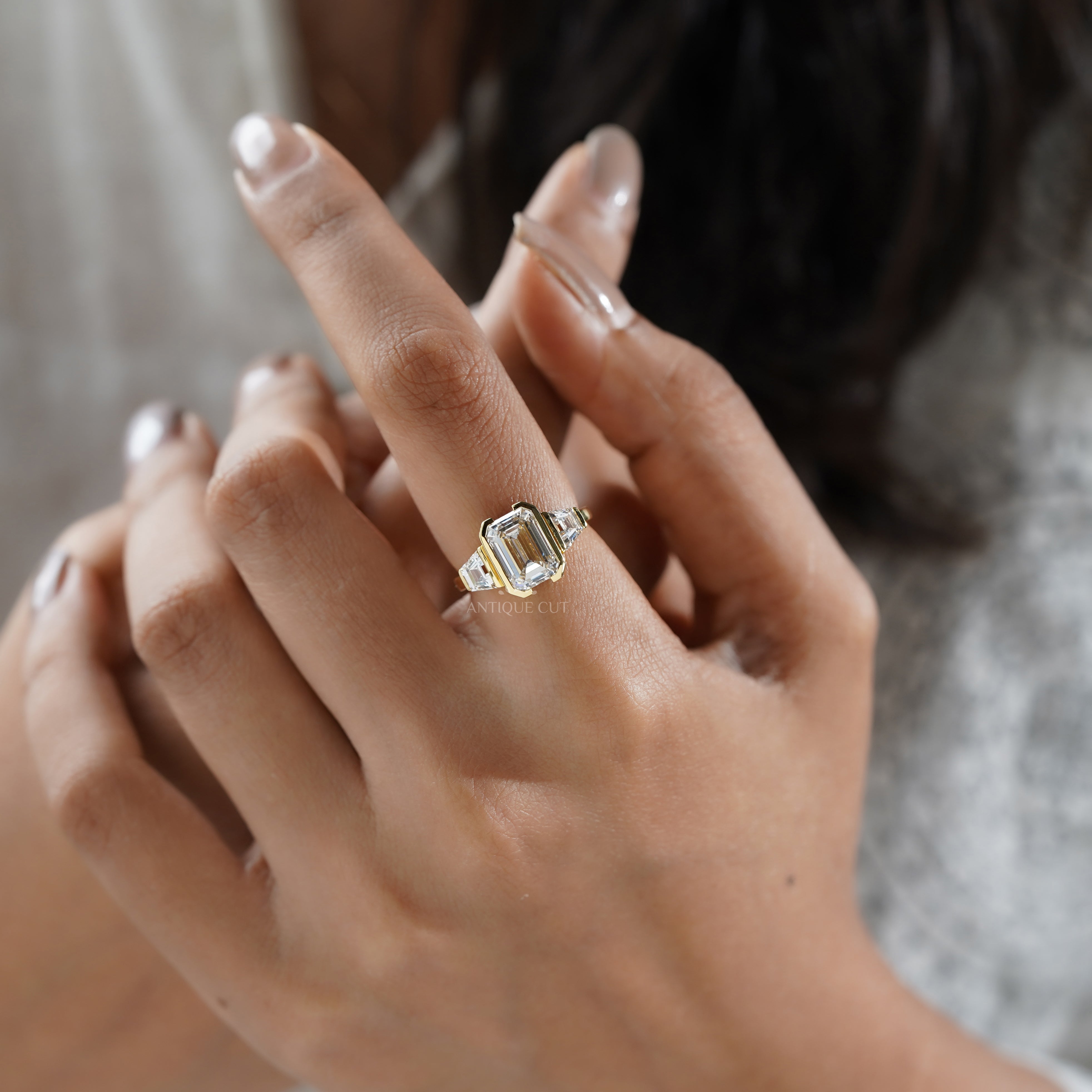 3.70tcw Emerald Lab-Grown Diamond Engagement Ring | 3.00ct Emerald + 0.70ct Trapezoid Side Stones | 14k Gold IGI Certified