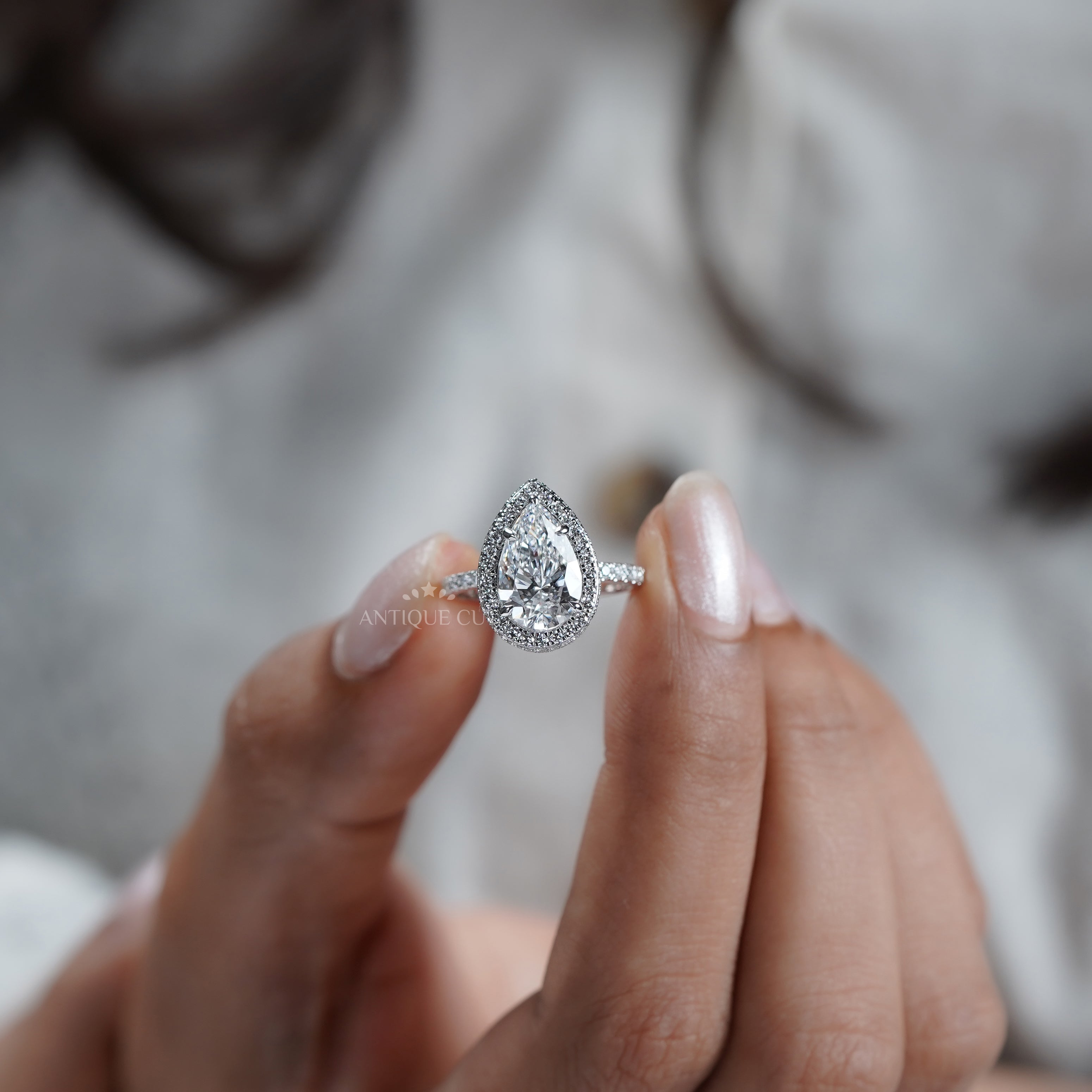 Pear 3.20ct Halo Lab Diamond Ring | Pave Band | IGI Certified